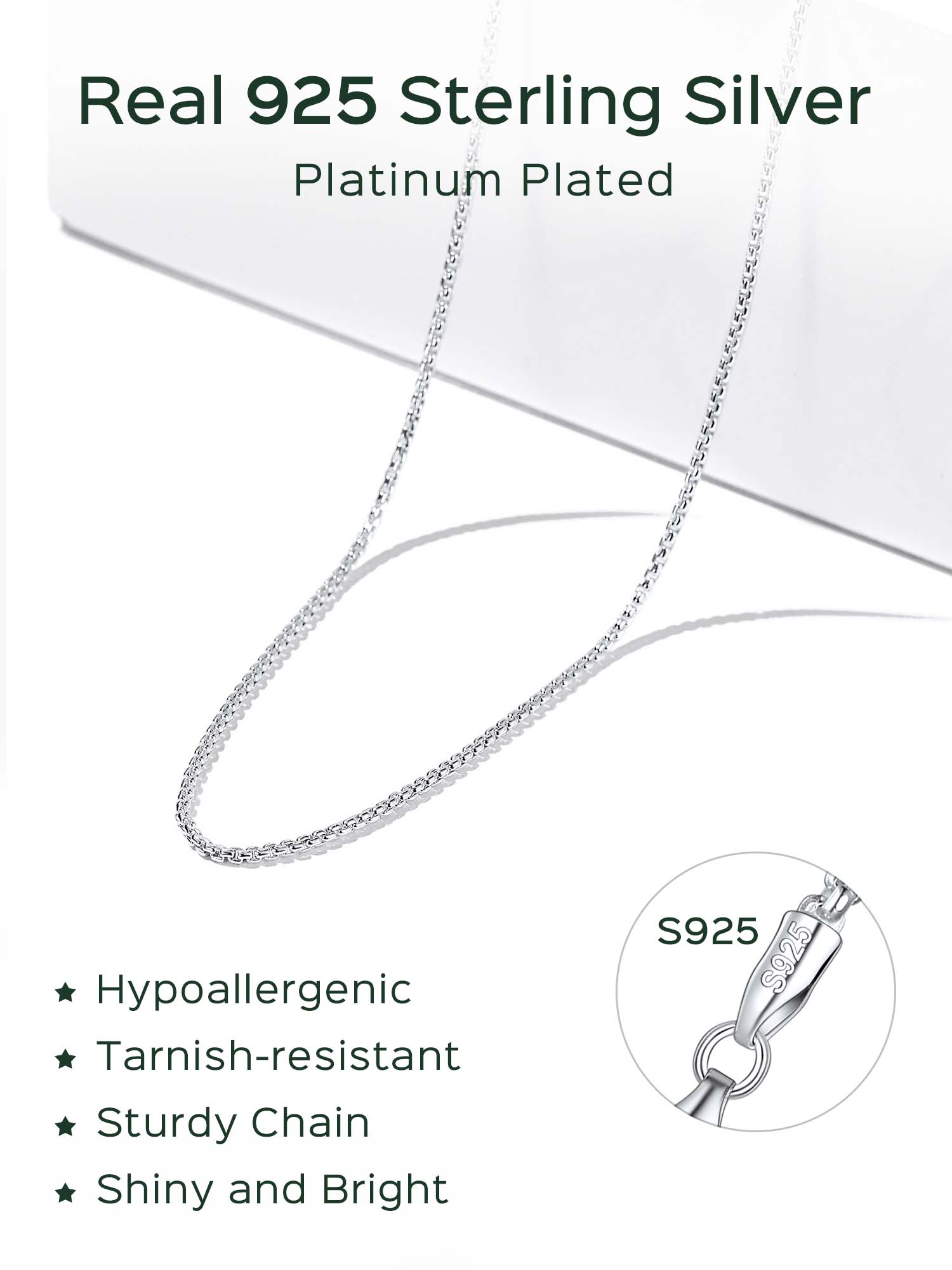 ChicSilver Solid Sterling Silver Polished Box Chain Necklace Chain For Pendants 1-2mm Thin Made in Italy 16-24 inch