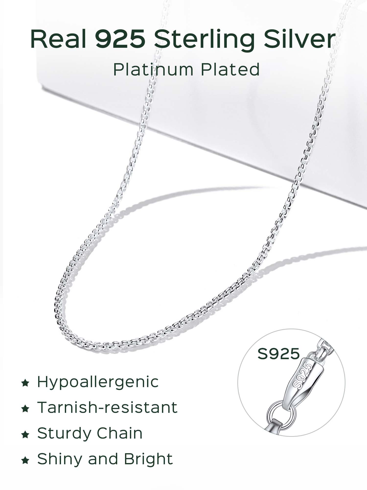 ChicSilver Solid Sterling Silver Polished Box Chain Necklace Chain For Pendants 1-2mm Thin Made in Italy 16-24 inch