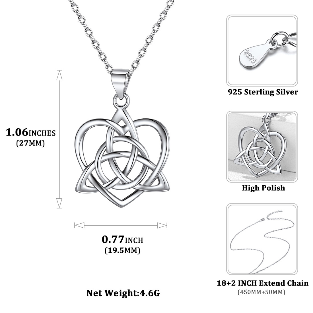 ChicSilver 925 Sterling Silver Celtic Cross Necklace for Women Men Irish Knot Pendant Necklace, 18 Inch Rolo Chain
