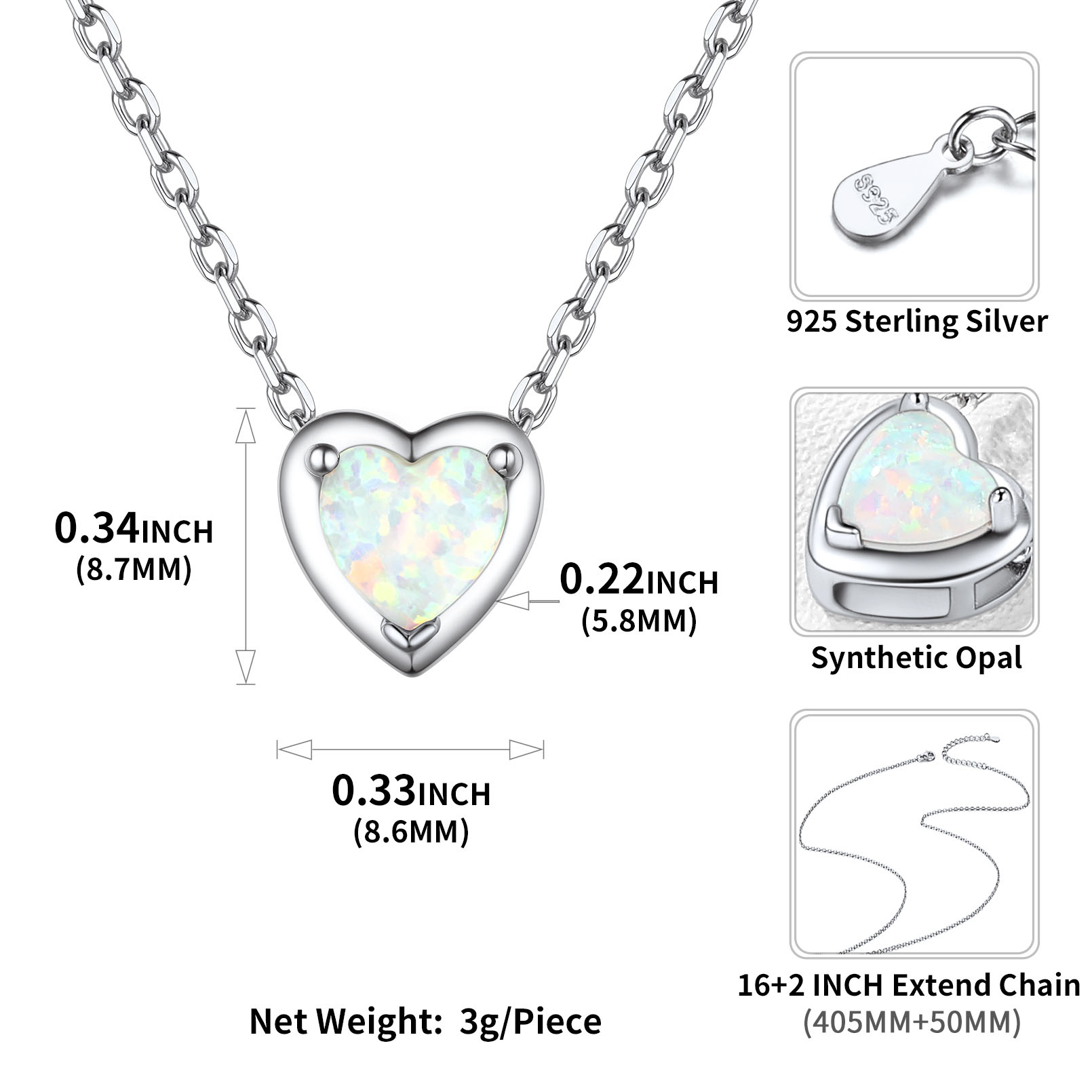 ChicSilver Simulated White Opal Pendant Necklace Heart Shape 925 Sterling Silver Women Necklaces Birthday Jewelry Gifts for Her