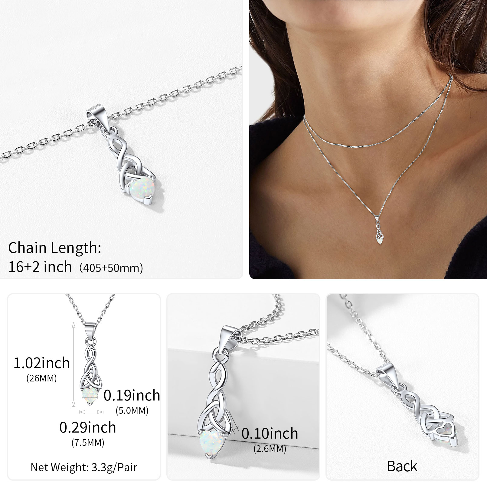 ChicSilver Simulated White Opal Pendant Necklace Heart Shape 925 Sterling Silver Women Necklaces Birthday Jewelry Gifts for Her