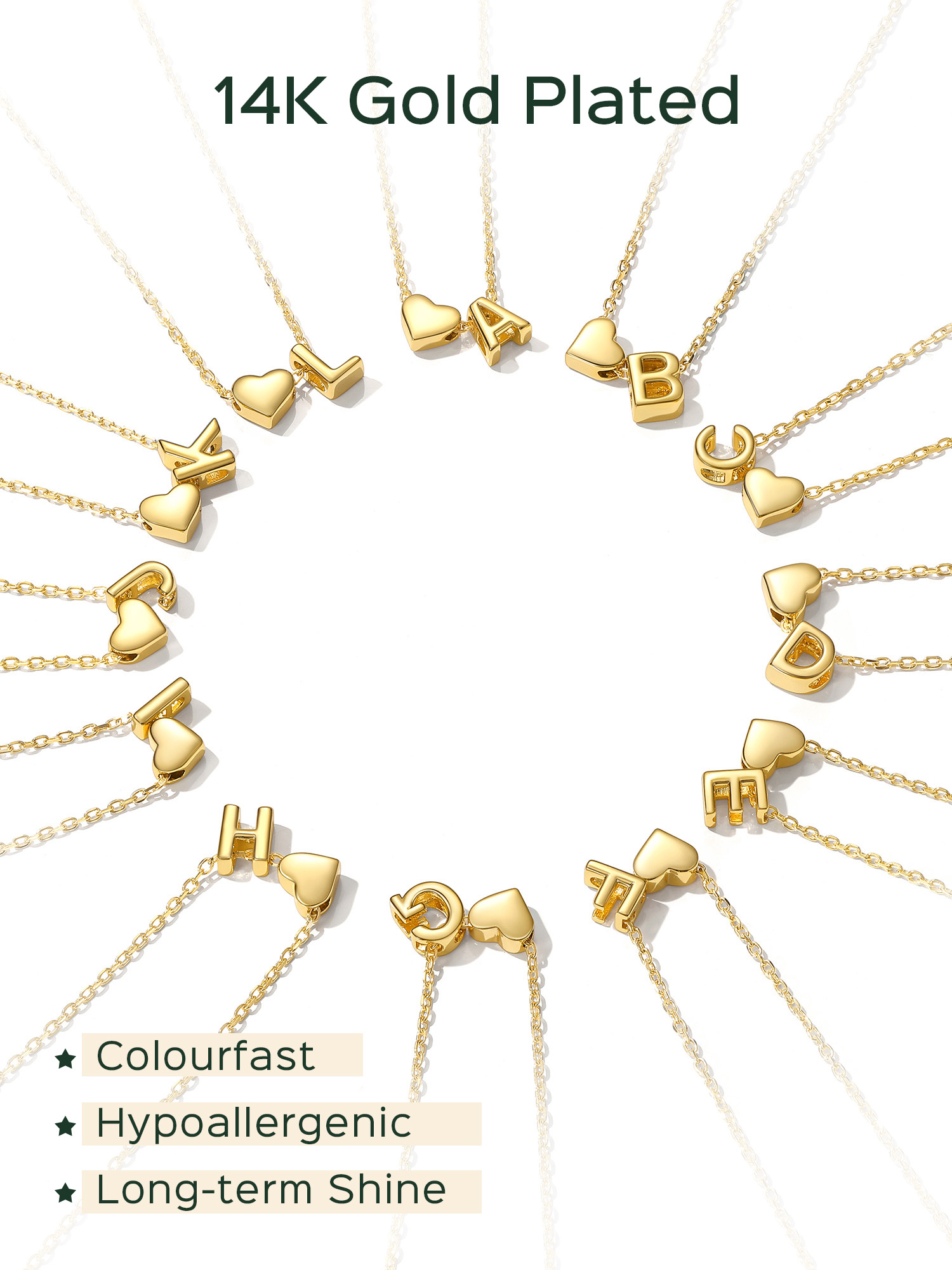 ChicSilver 14K Gold Initial Necklace for Women Letter Alphabet Necklace Heart Pendant Chain 16" Birthday Valentine's Day Jewelry Gifts