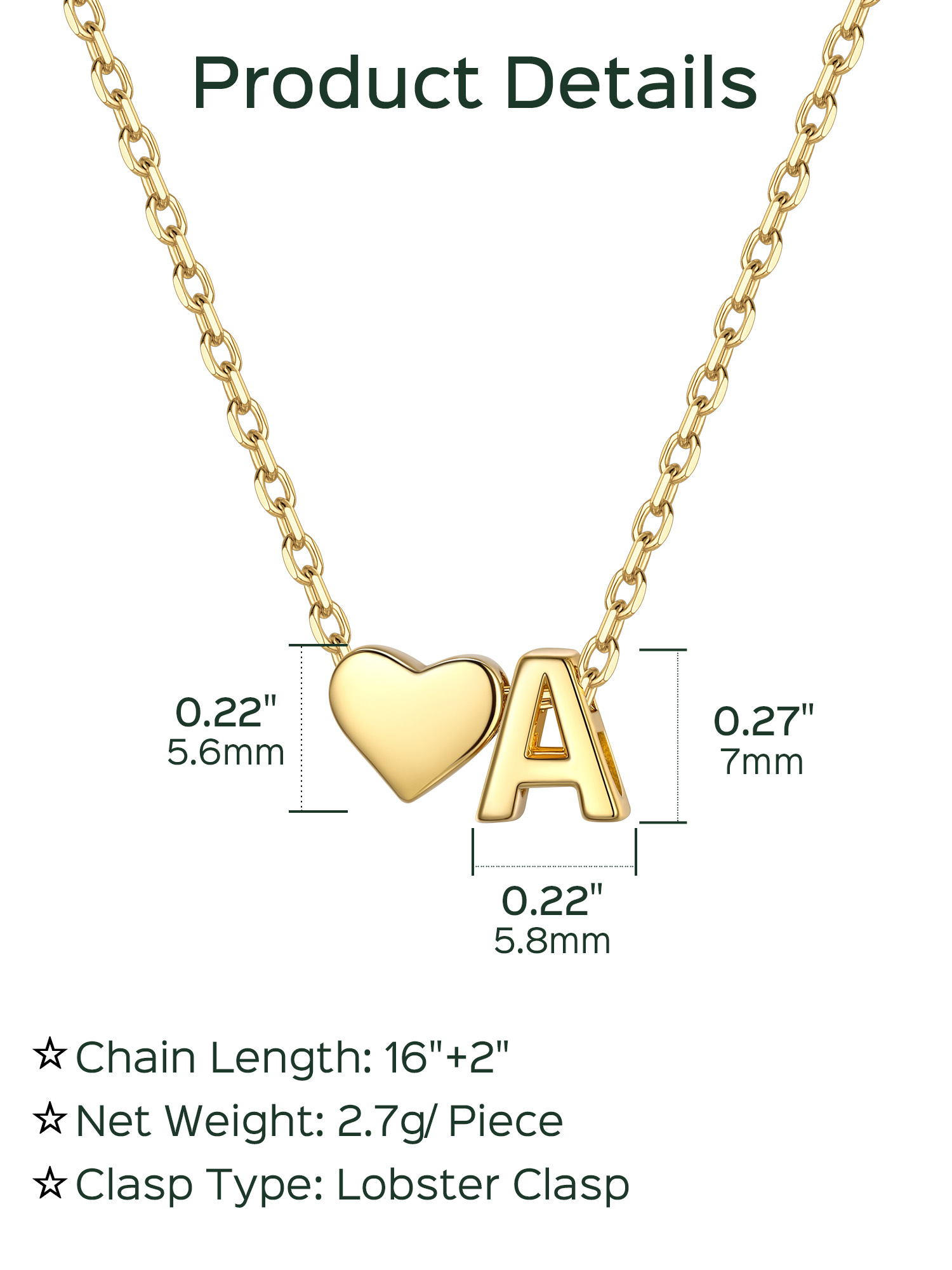 ChicSilver 14K Gold Initial Necklace for Women Letter Alphabet Necklace Heart Pendant Chain 16" Birthday Valentine's Day Jewelry Gifts