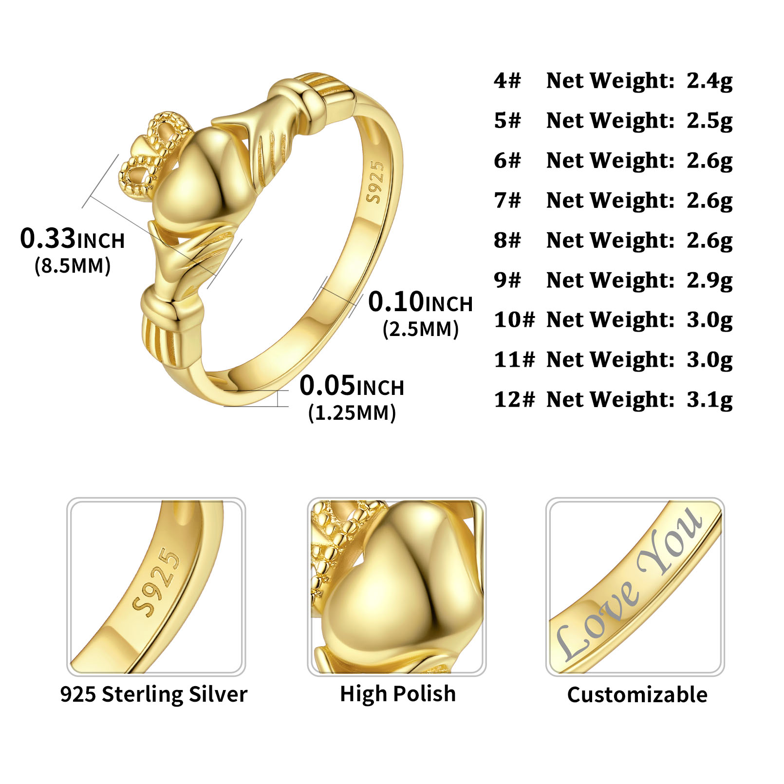 ChicSilver Women's Sterling Silver 925 Celtic Irish Claddagh Friendship Love Heart Engagement Ring Wedding Bridal Sets