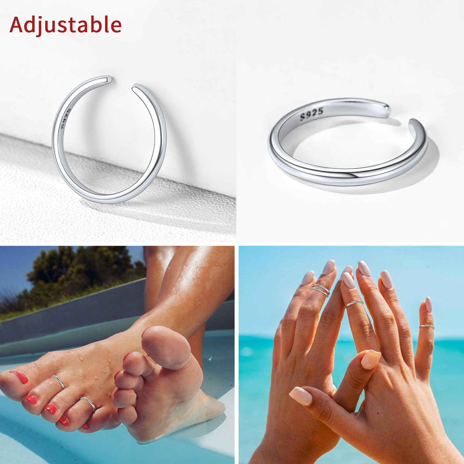 ChicSilver Minimalist Toe Rings for Women Sterling Silver Hypoallergenic Simple Open 2mm Thin Band Ring Adjustable
