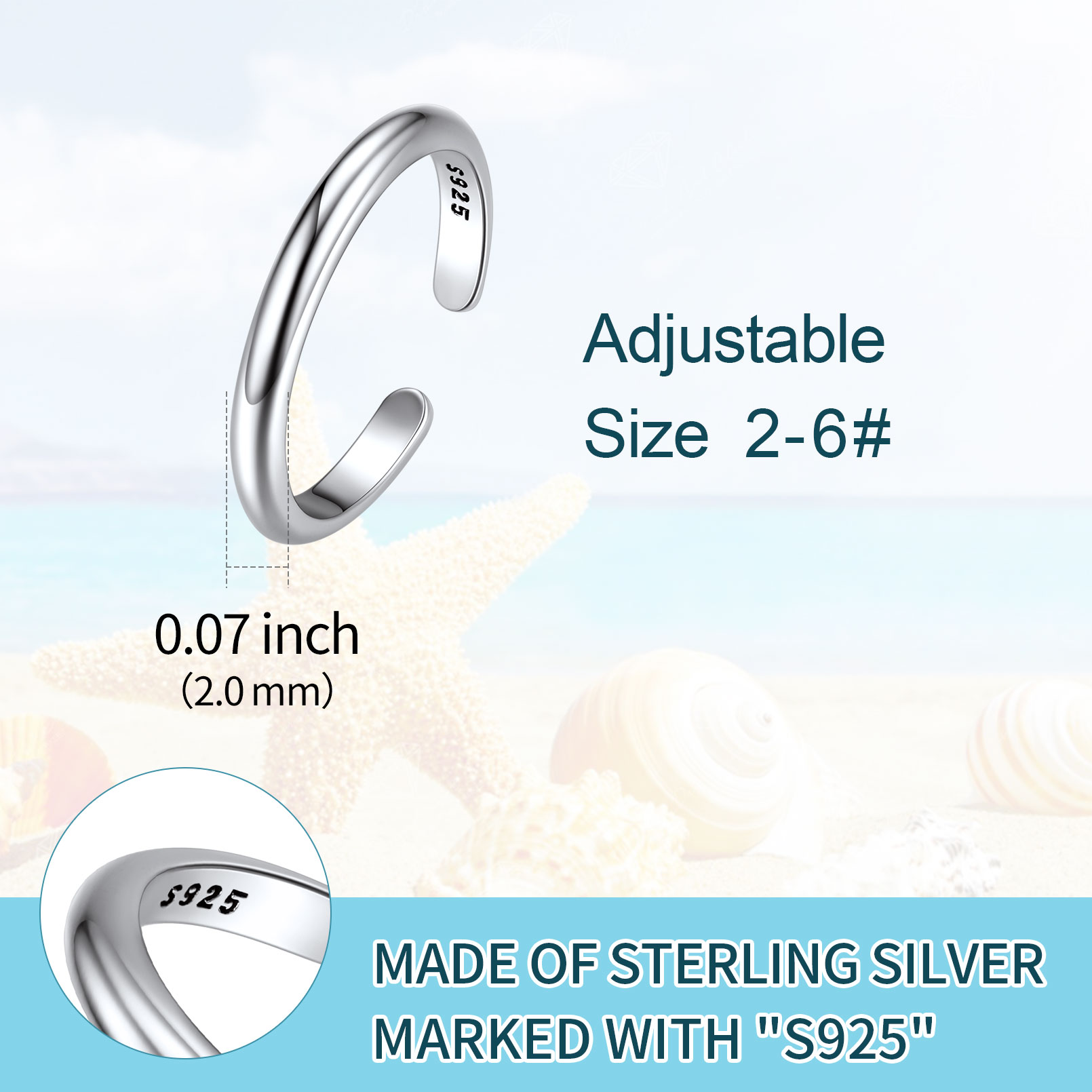 ChicSilver Minimalist Toe Rings for Women Sterling Silver Hypoallergenic Simple Open 2mm Thin Band Ring Adjustable