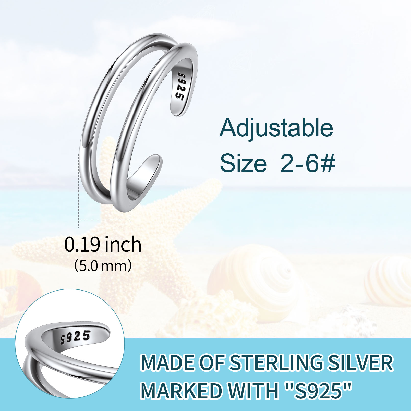 ChicSilver Minimalist Toe Rings for Women Sterling Silver Hypoallergenic Simple Open 2mm Thin Band Ring Adjustable