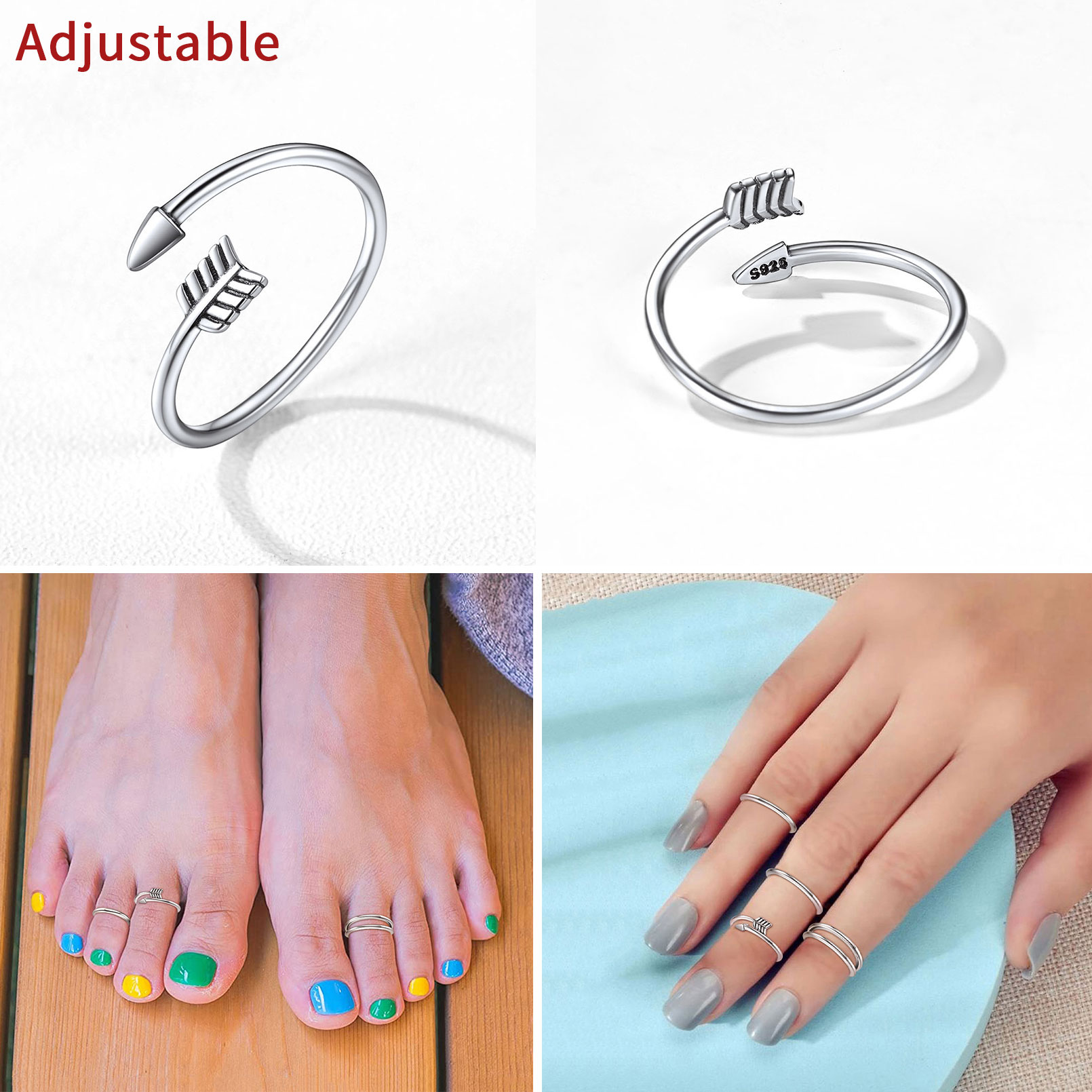 ChicSilver Minimalist Toe Rings for Women Sterling Silver Hypoallergenic Simple Open 2mm Thin Band Ring Adjustable