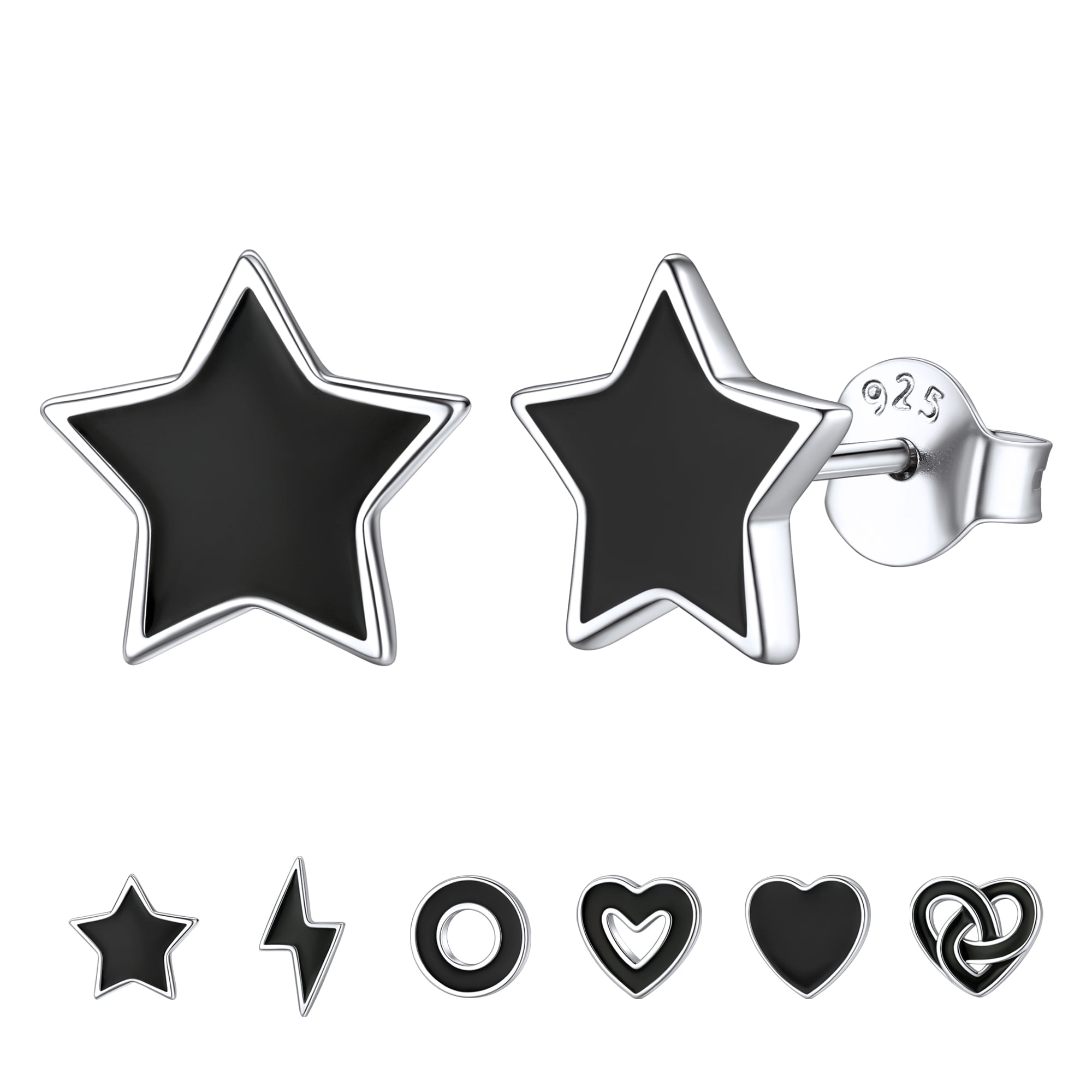 ChicSilver Small Black Heart Stud Earrings Women Men 925 Sterling Silver Earrings Jewelry for Sensitive Ears
