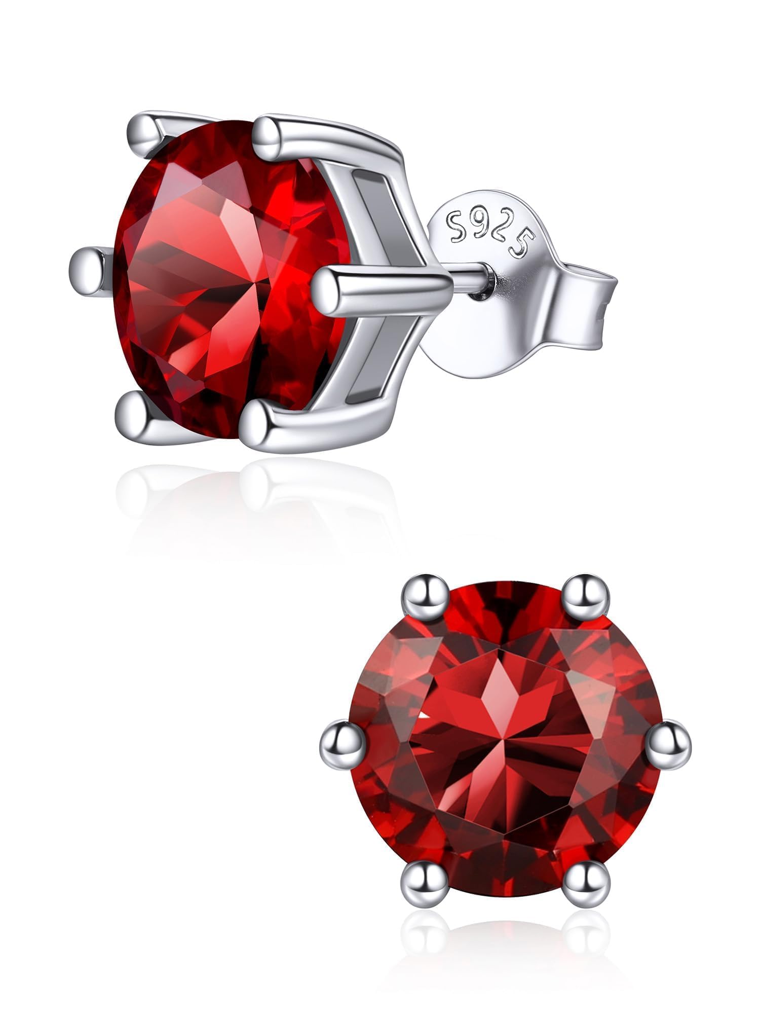 ChicSilver 925 Sterling Silver Simulated Garnet Birthstone Stud Earrings for Women, 8MM / 2Carat Round Cut Hypoallergenic Birthday Gift for Her