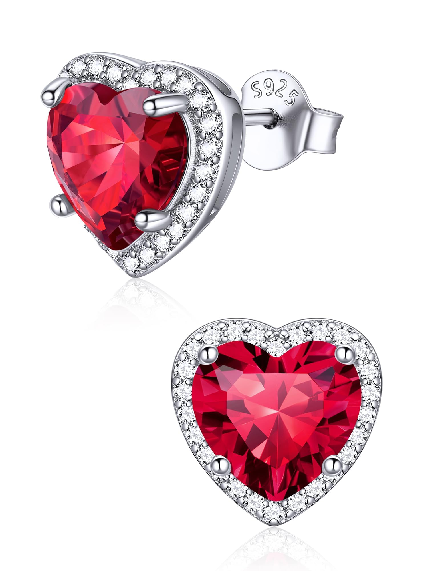 ChicSilver 925 Sterling Silver Birthstone Earrings for Women, January Garnet 8MM/2 Carat Heart CZ Stud Earrings, Birthday Jewelry Gift for Her