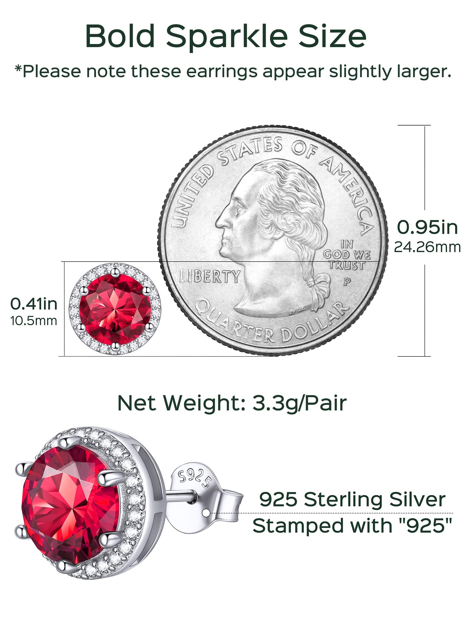ChicSilver 925 Sterling Silver Birthstone Earrings for Women, January Garnet 8MM/2 Carat Heart CZ Stud Earrings, Birthday Jewelry Gift for Her
