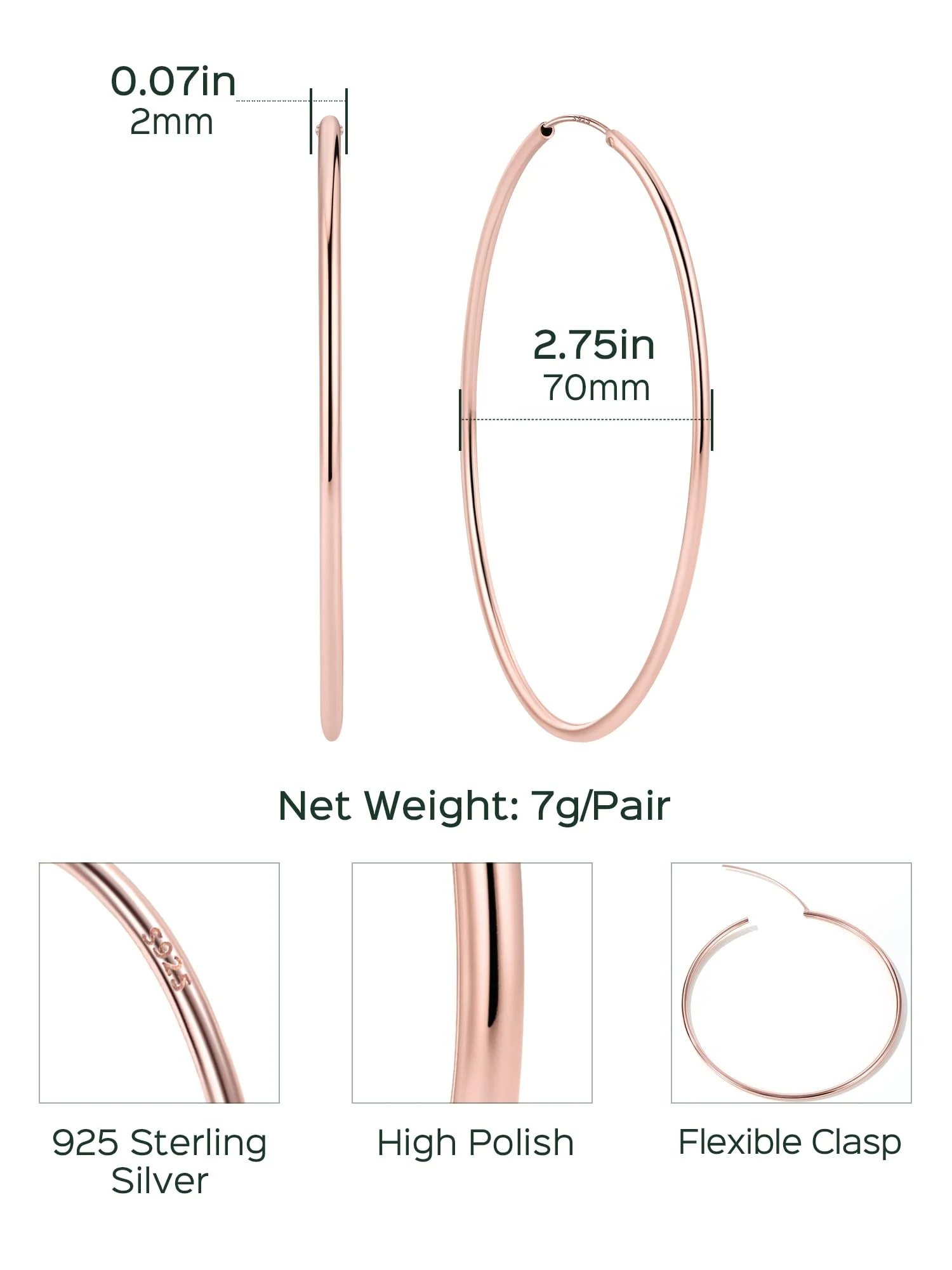 ChicSilver 925 Sterling Silver Small Hoop Earrings Circle Endless Huggie Hoops 15/20/30/50/70mm