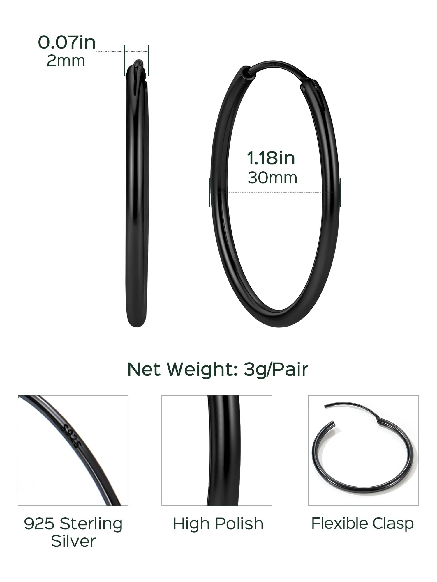 ChicSilver 925 Sterling Silver Small Hoop Earrings Circle Endless Huggie Hoops 15/20/30/50/70mm