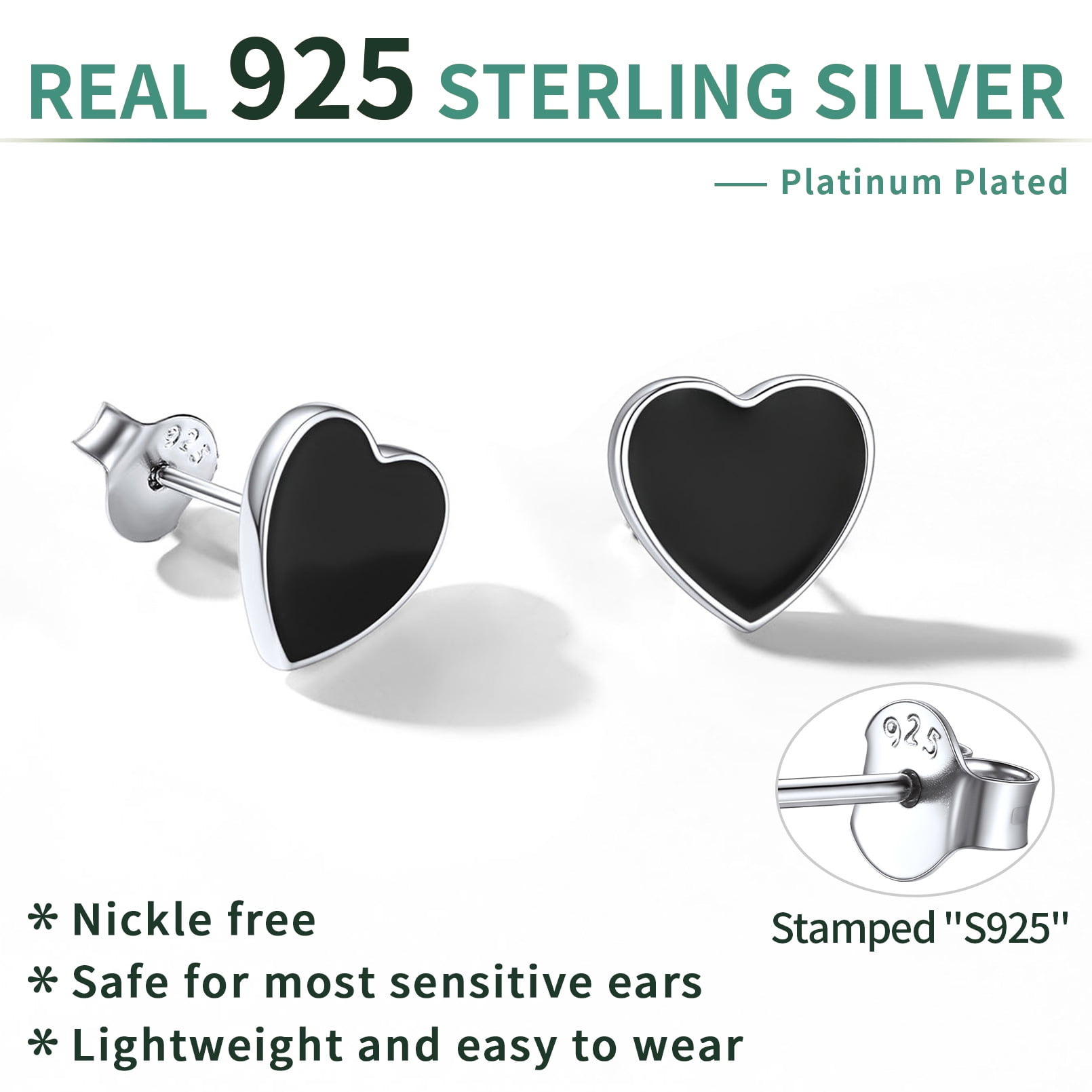 ChicSilver Small Black Heart Stud Earrings Women Men 925 Sterling Silver Earrings Jewelry for Sensitive Ears