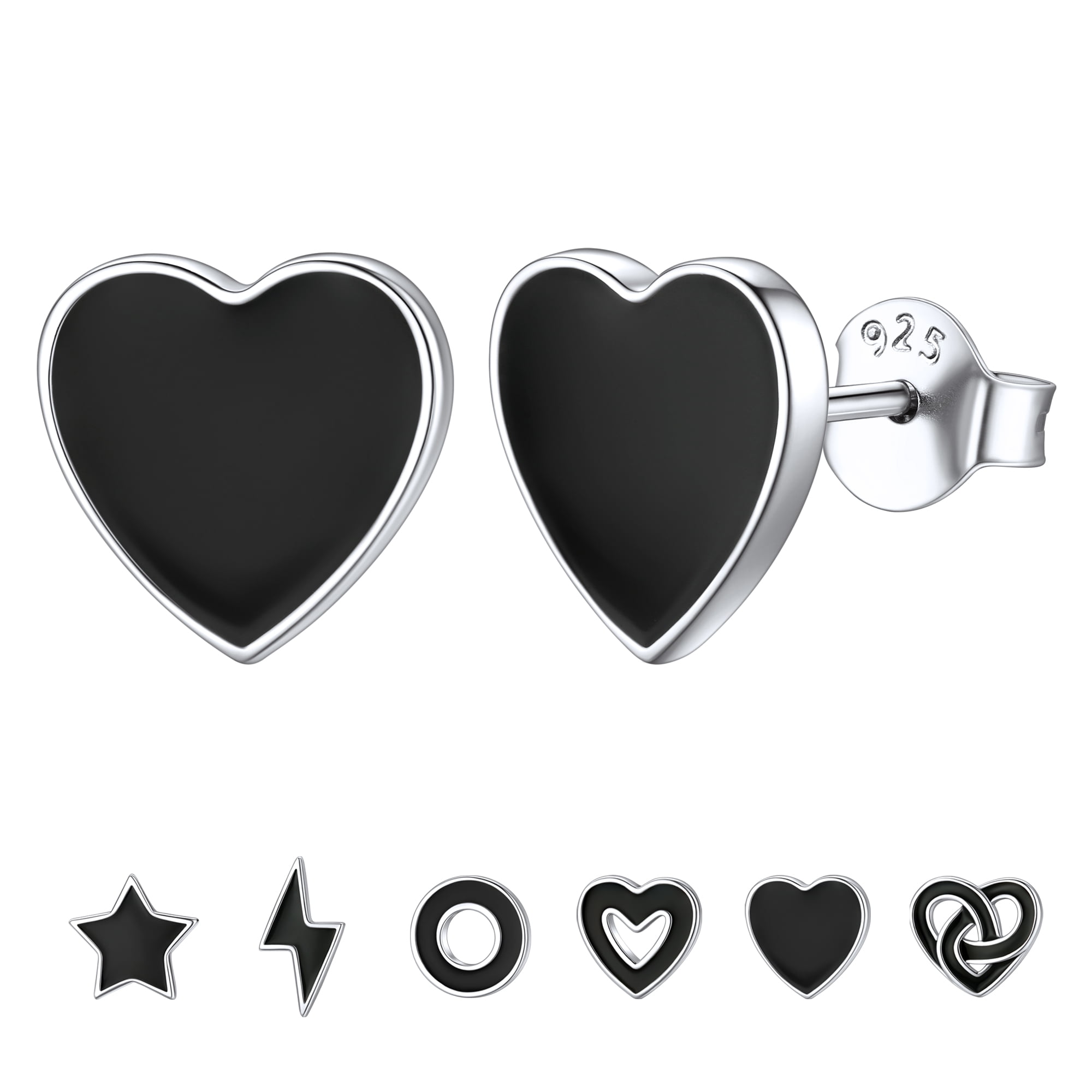 ChicSilver Small Black Heart Stud Earrings Women Men 925 Sterling Silver Earrings Jewelry for Sensitive Ears