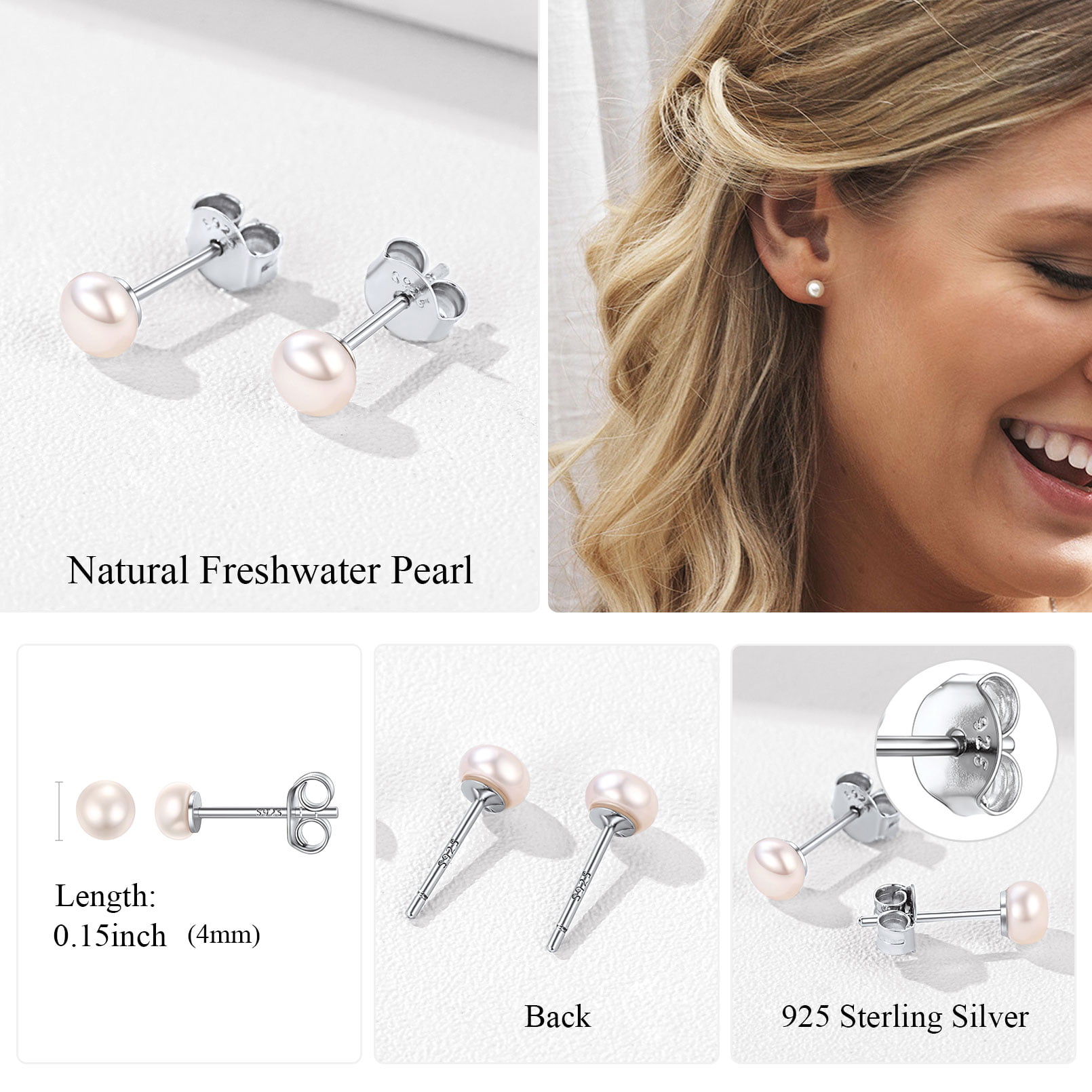 ChicSilver Pearl Earrings for Women 4mm Freshwater Cultured White Button Pearl Stud Earrings 925 Sterling Silver