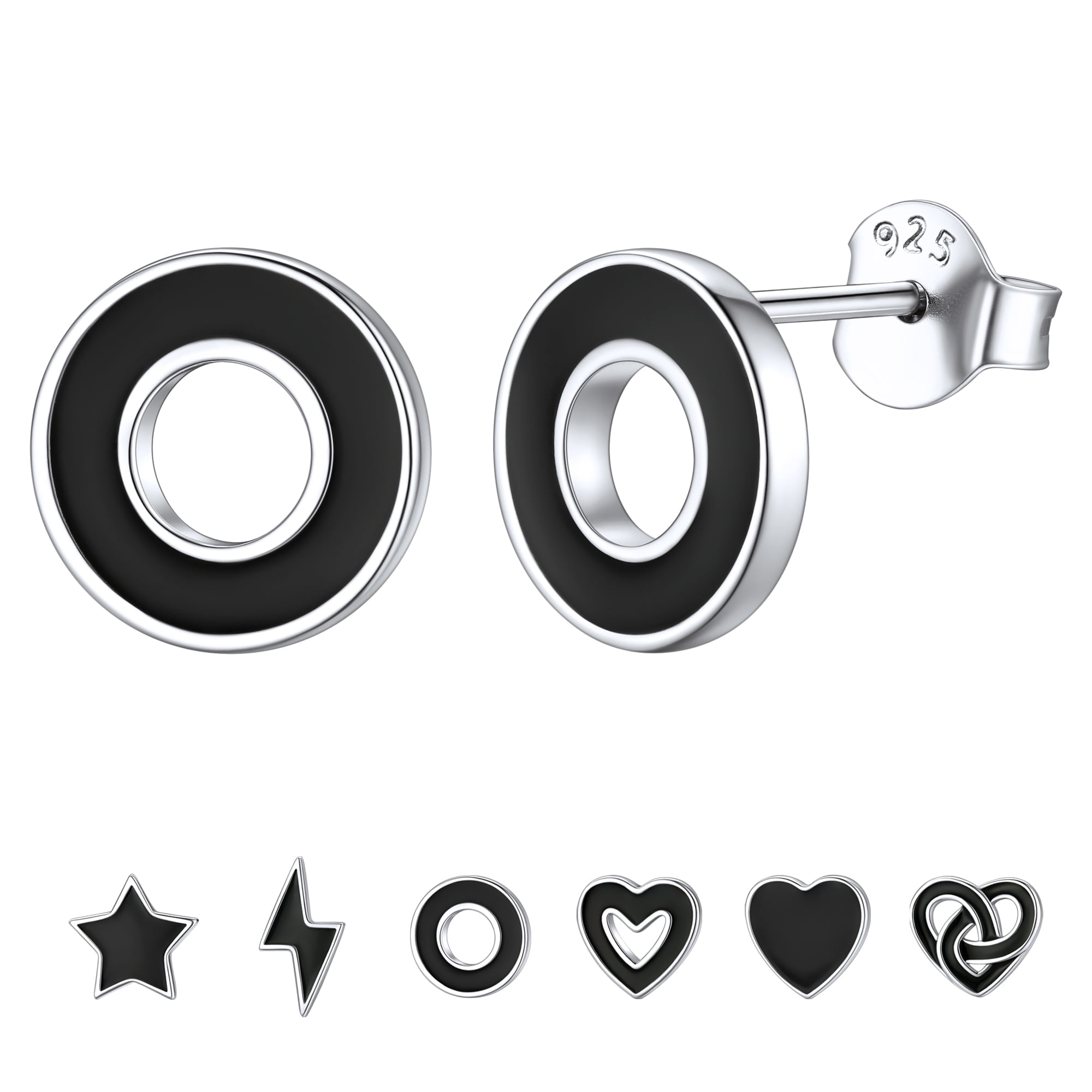 ChicSilver Small Black Heart Stud Earrings Women Men 925 Sterling Silver Earrings Jewelry for Sensitive Ears