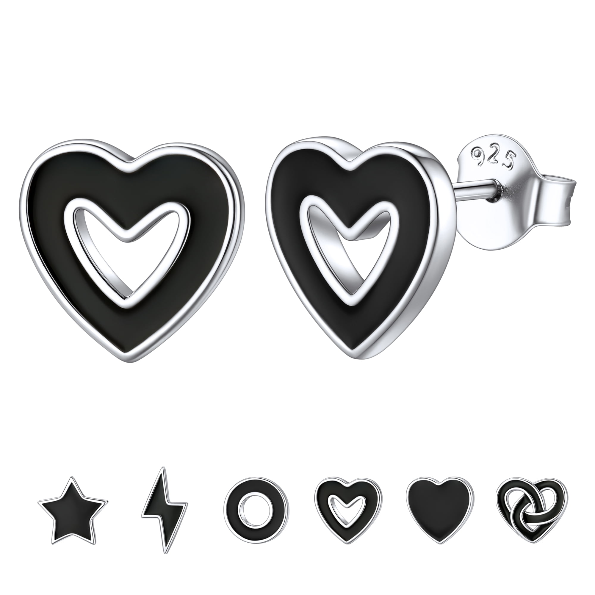ChicSilver Small Black Heart Stud Earrings Women Men 925 Sterling Silver Earrings Jewelry for Sensitive Ears
