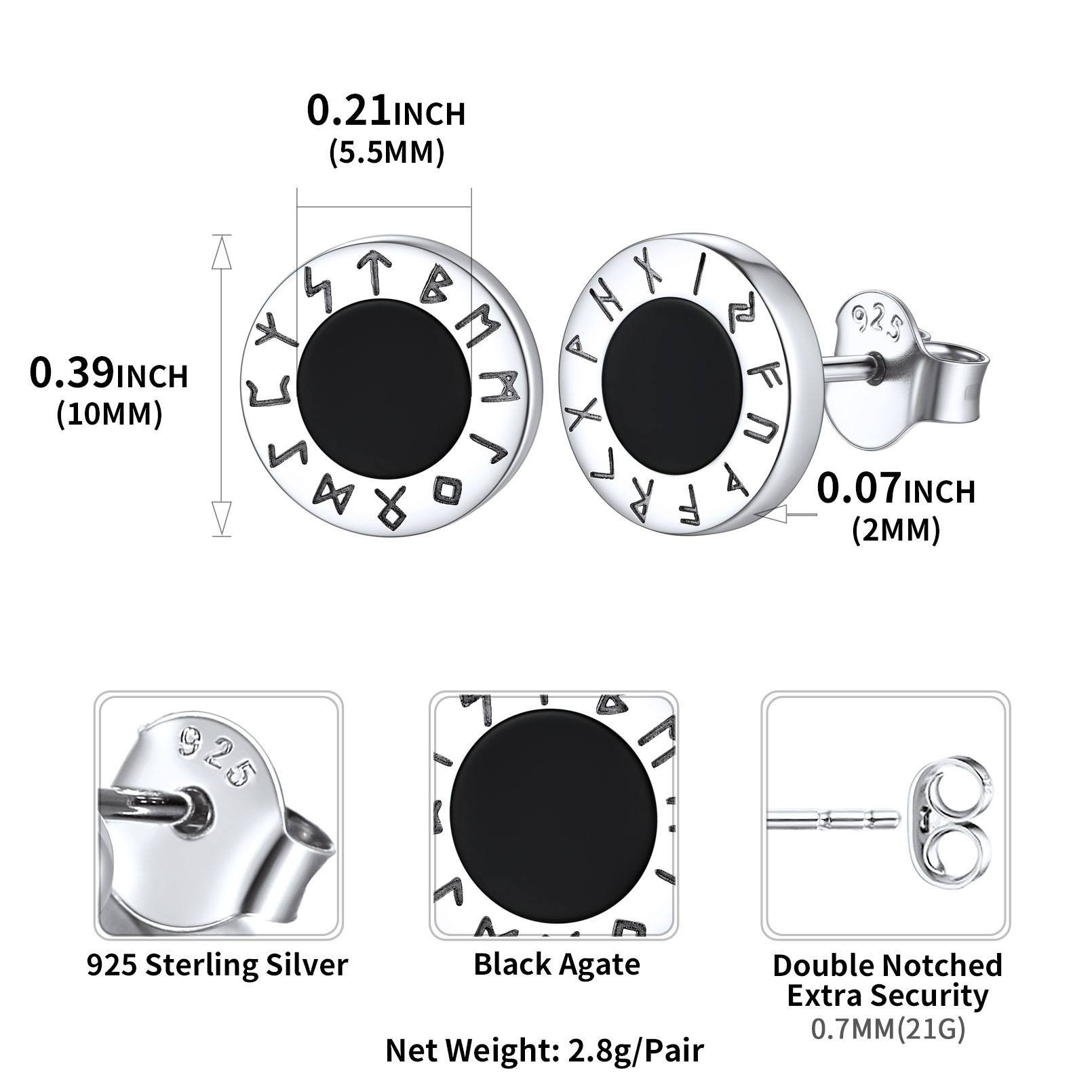 ChicSilver 925 Sterling Silver Rune Earrings for Women Men Black Onyx Stud Earrings Norse Viking Jewelry