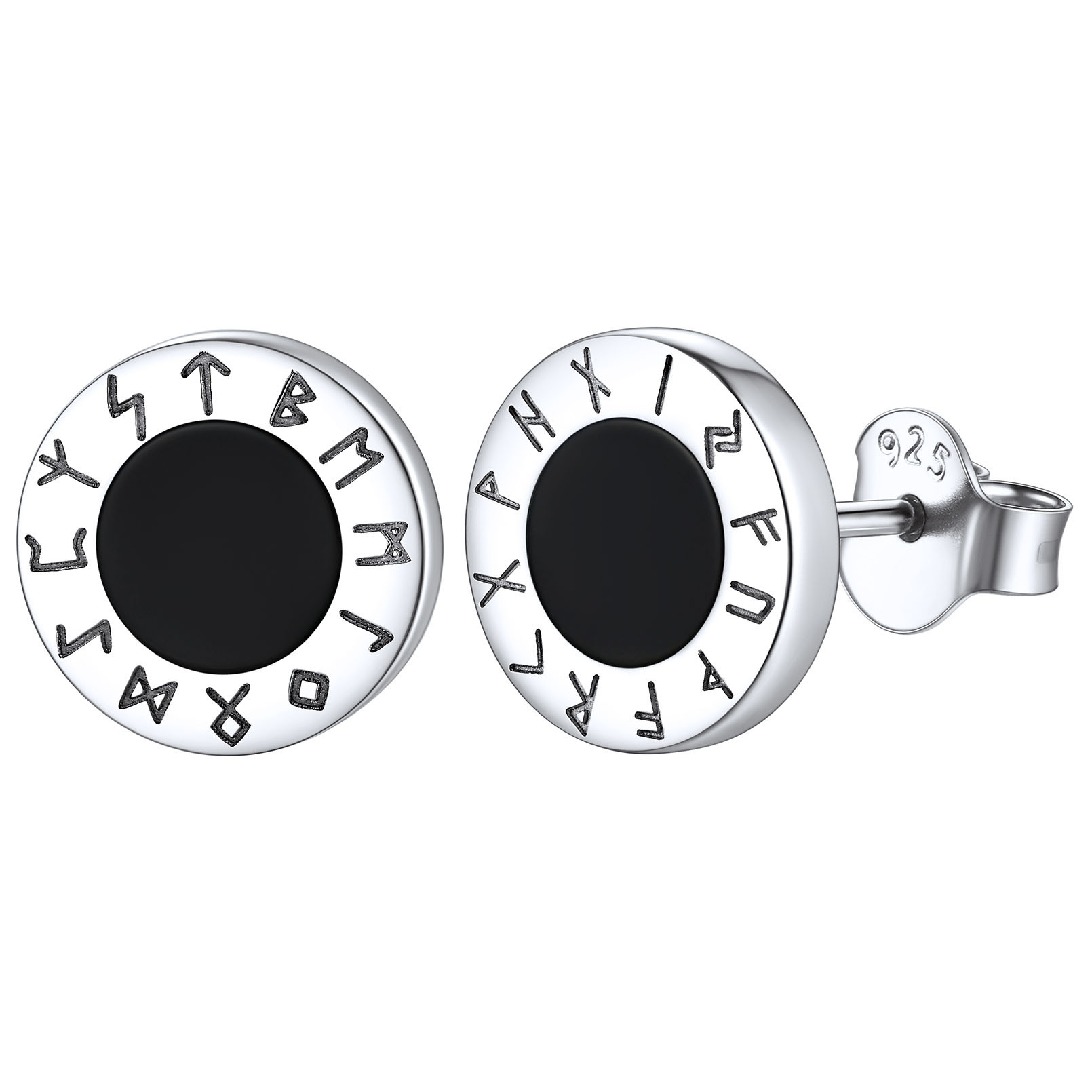 ChicSilver 925 Sterling Silver Rune Earrings for Women Men Black Onyx Stud Earrings Norse Viking Jewelry