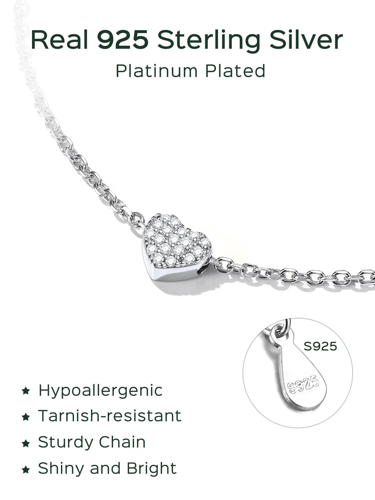 ChicSilver Womens Anklets 925 Sterling Silver Tiny Heart Charm Anklet Bracelet Adjustable