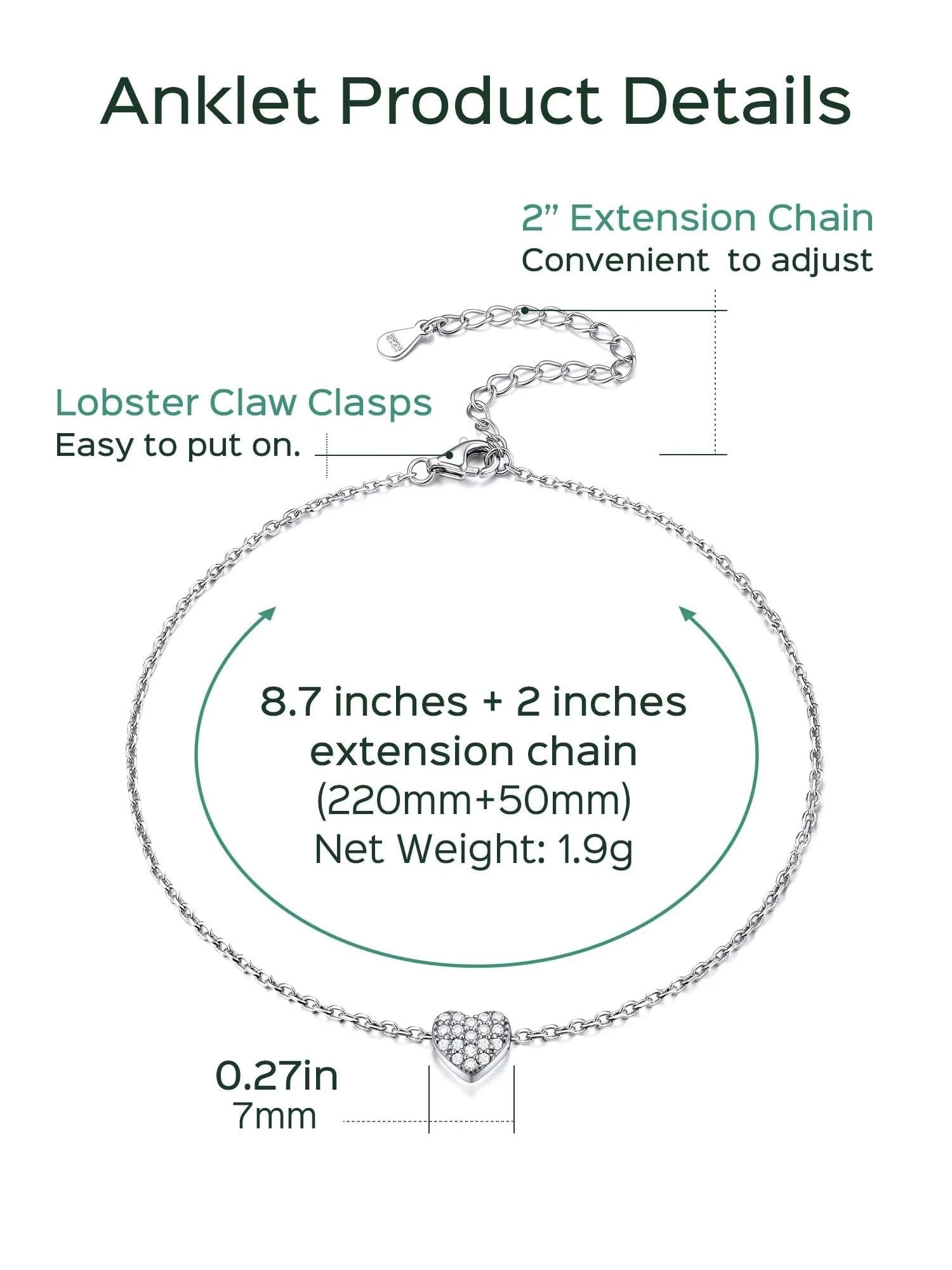 ChicSilver Womens Anklets 925 Sterling Silver Tiny Heart Charm Anklet Bracelet Adjustable