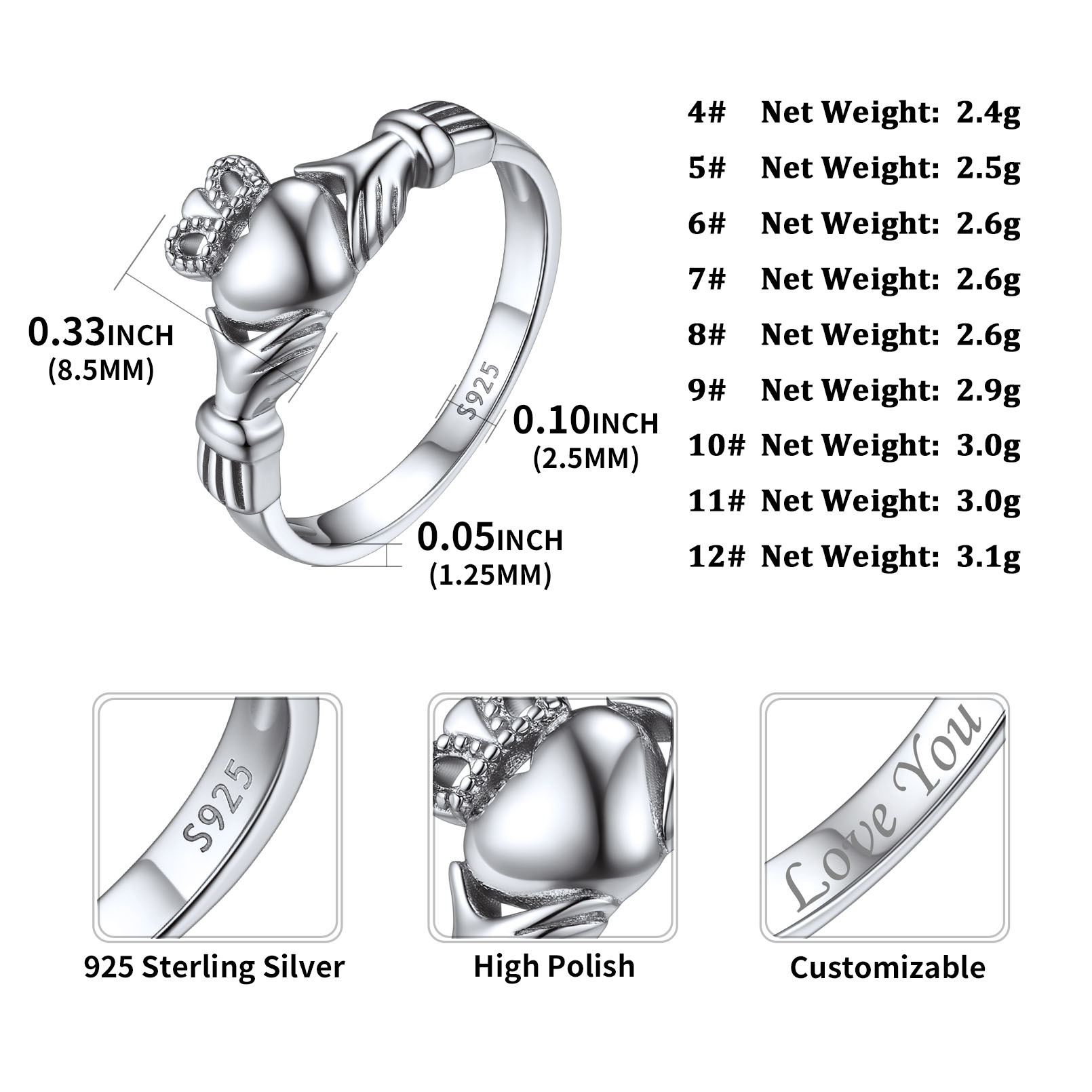 ChicSilver Women's Sterling Silver 925 Celtic Irish Claddagh Friendship Love Heart Engagement Ring Wedding Bridal Sets