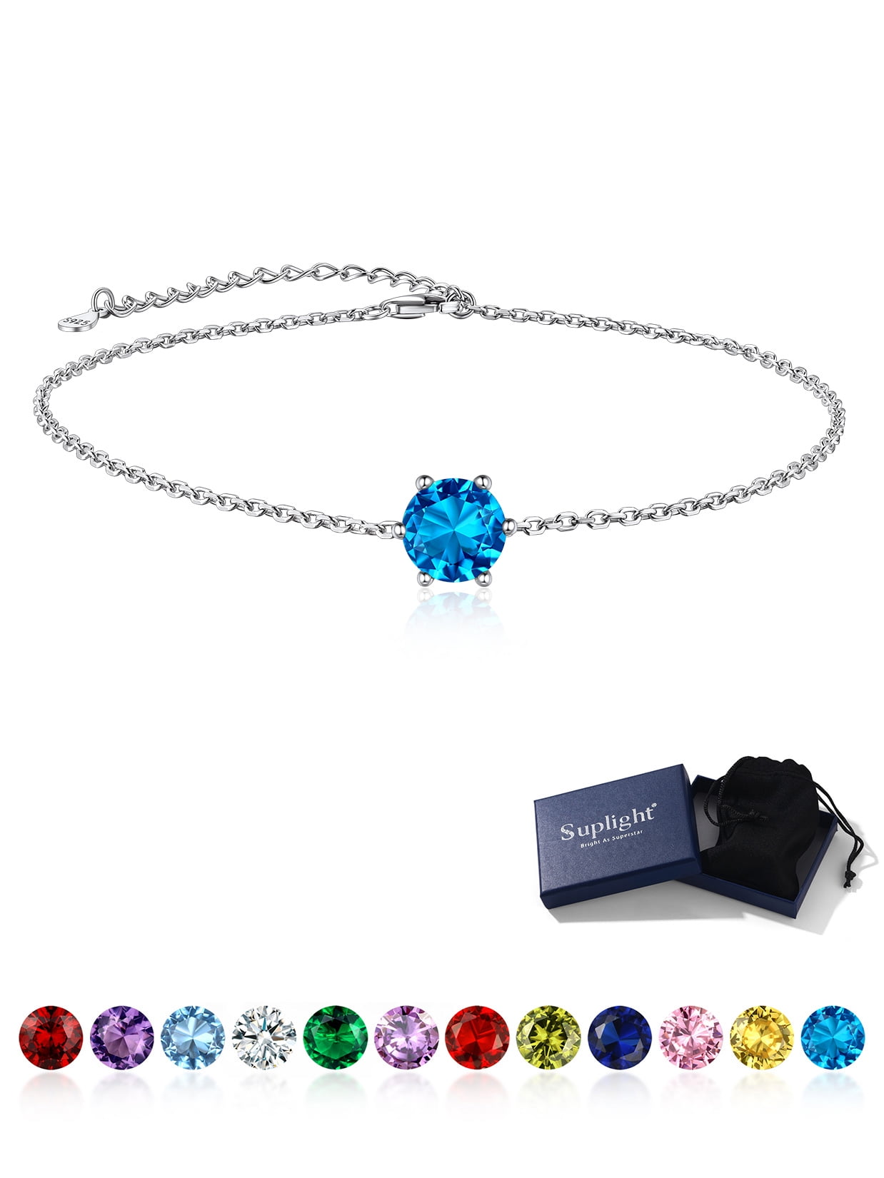 Suplight 925 Stelring Silver Birthstone Crytal Anklet Dainty Chain Anklet Bracelets for Women