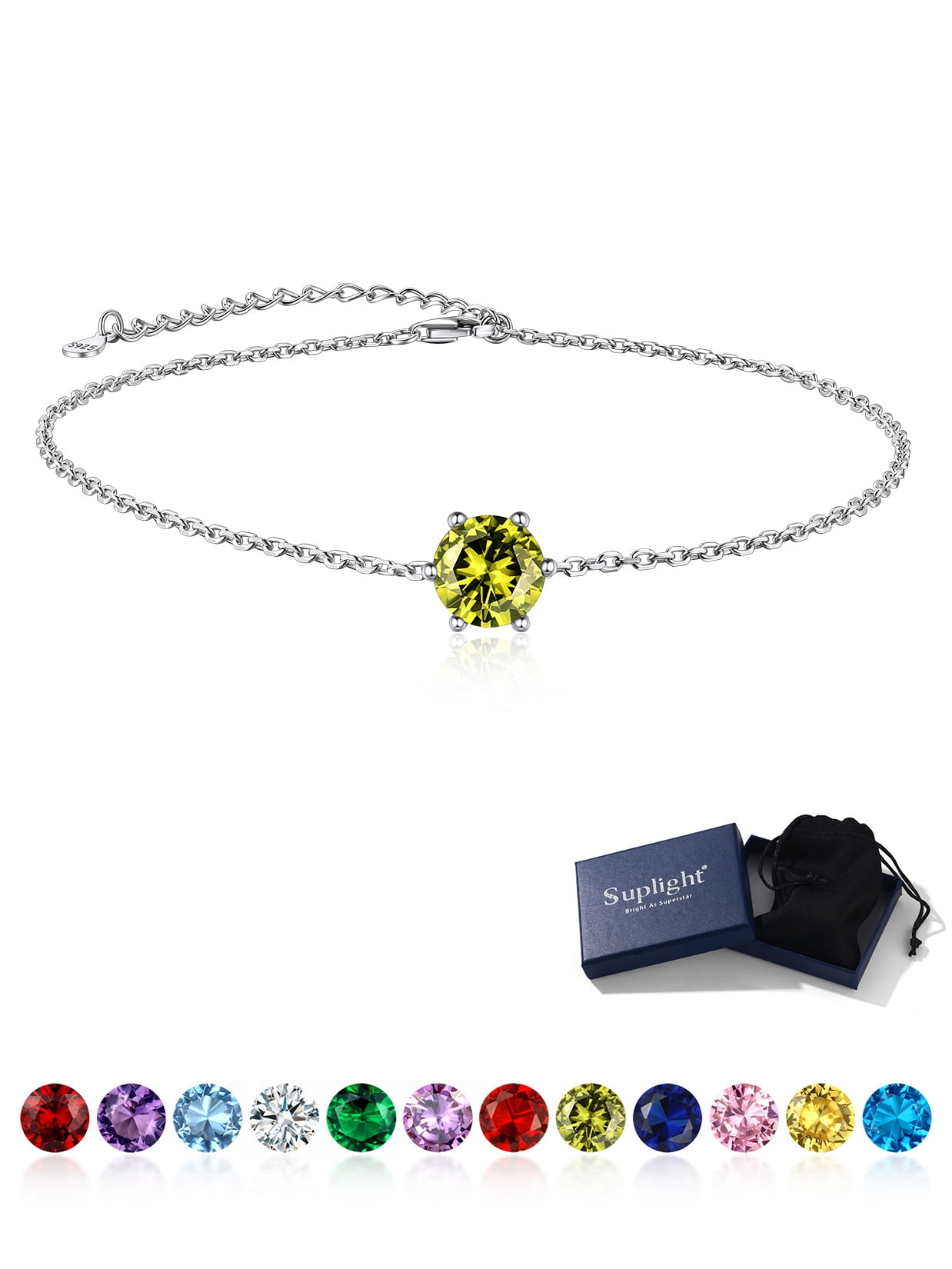 Suplight 925 Stelring Silver Birthstone Crytal Anklet Dainty Chain Anklet Bracelets for Women