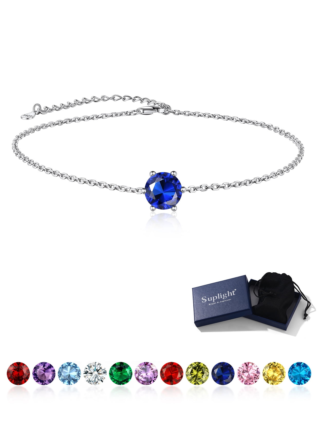 Suplight 925 Stelring Silver Birthstone Crytal Anklet Dainty Chain Anklet Bracelets for Women