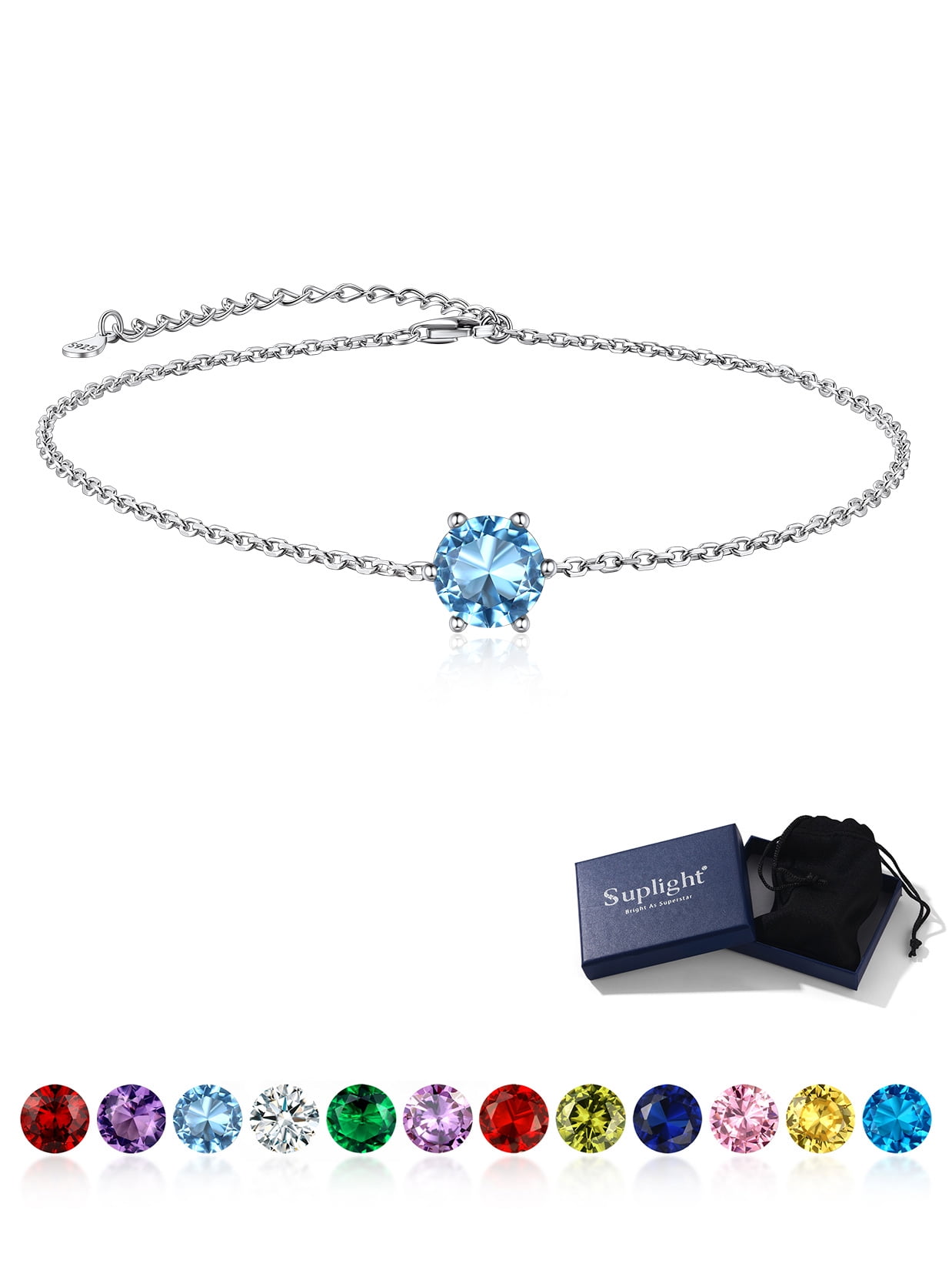 Suplight 925 Stelring Silver Birthstone Crytal Anklet Dainty Chain Anklet Bracelets for Women
