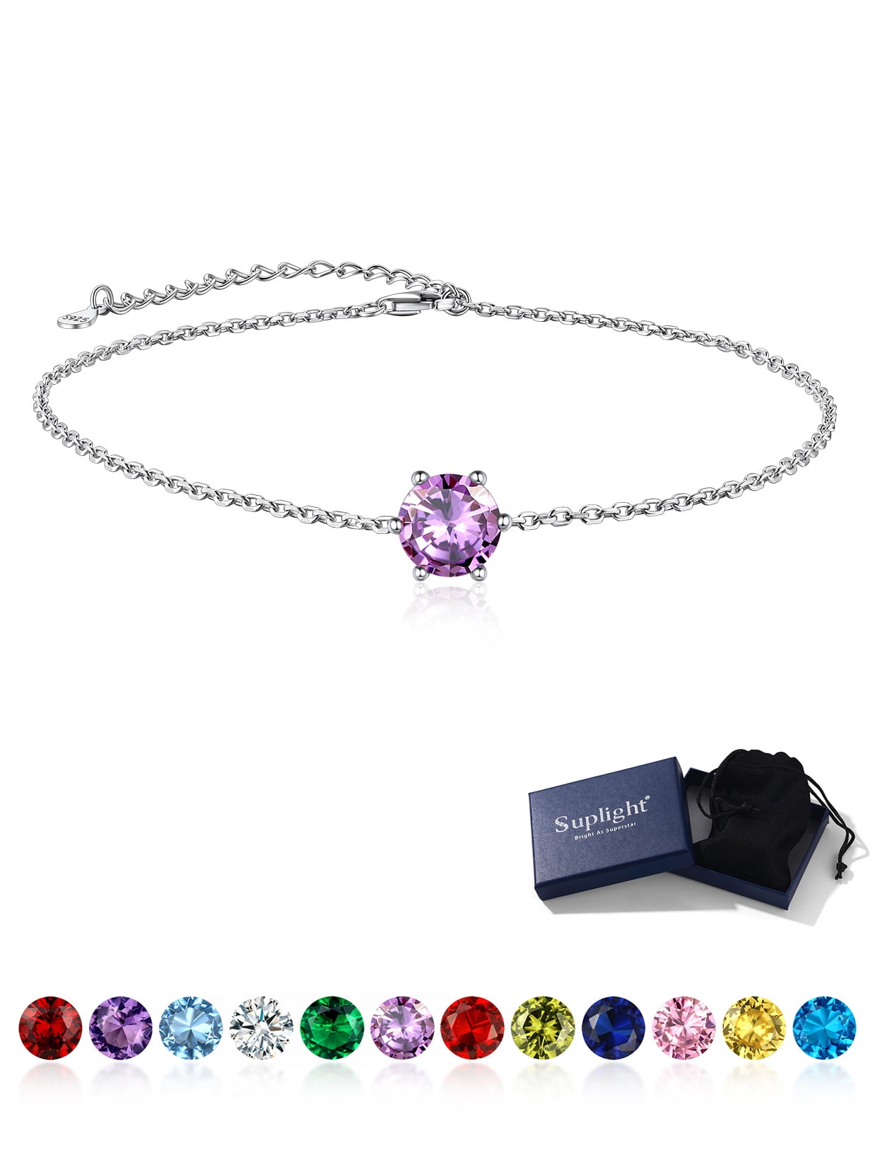 Suplight 925 Stelring Silver Birthstone Crytal Anklet Dainty Chain Anklet Bracelets for Women