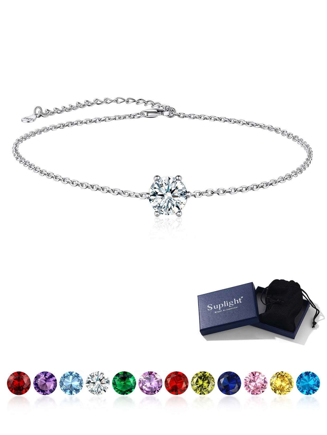 Suplight 925 Stelring Silver Birthstone Crytal Anklet Dainty Chain Anklet Bracelets for Women