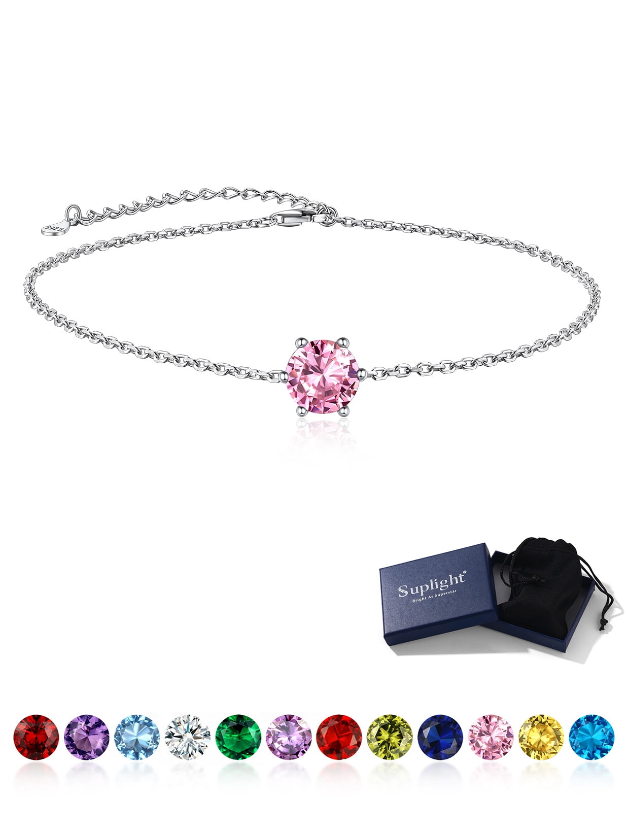 Suplight 925 Stelring Silver Birthstone Crytal Anklet Dainty Chain Anklet Bracelets for Women