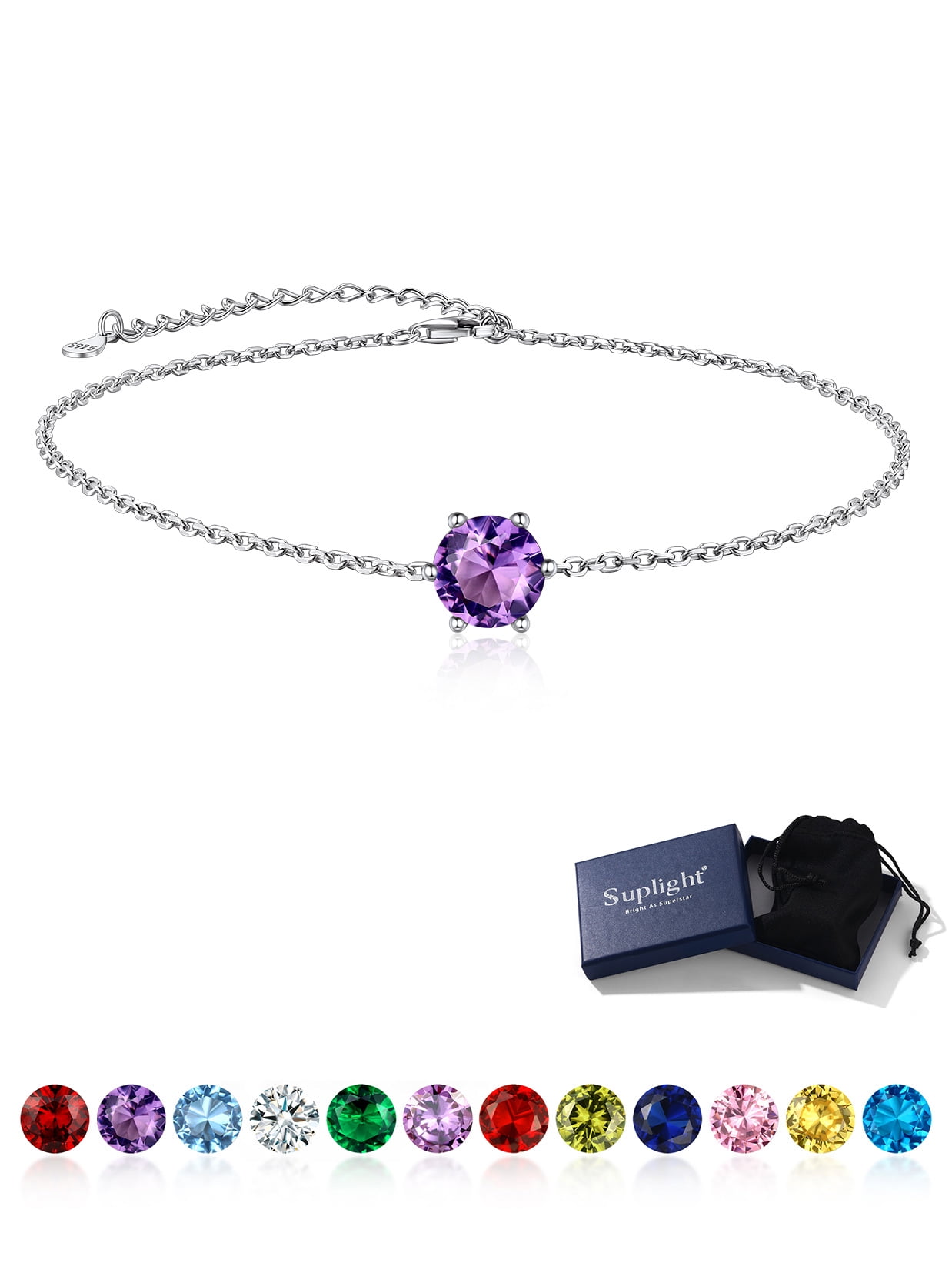Suplight 925 Stelring Silver Birthstone Crytal Anklet Dainty Chain Anklet Bracelets for Women