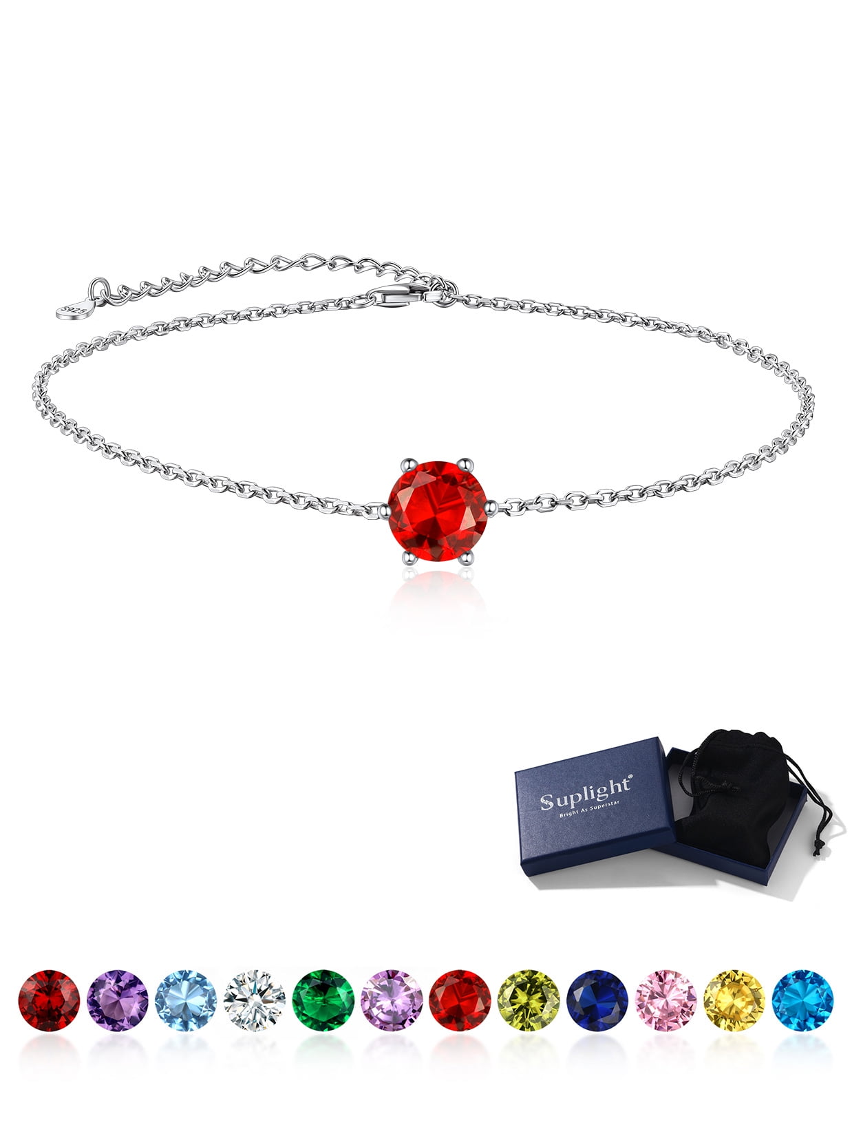 Suplight 925 Stelring Silver Birthstone Crytal Anklet Dainty Chain Anklet Bracelets for Women