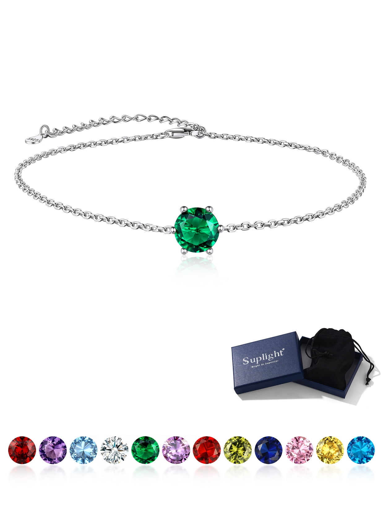 Suplight 925 Stelring Silver Birthstone Crytal Anklet Dainty Chain Anklet Bracelets for Women
