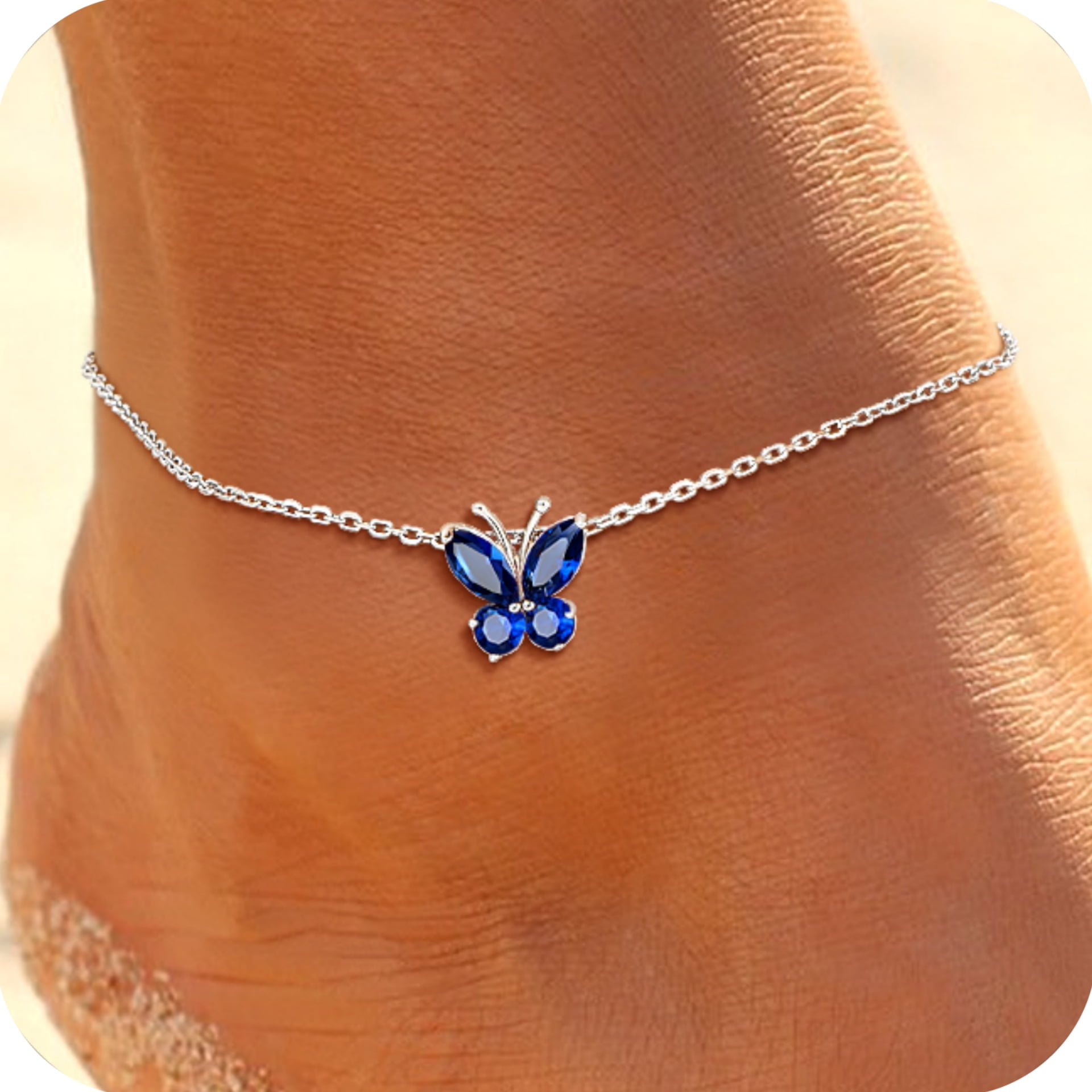 U7 Sterling Silver Butterfly Anklets for Women Girls Summer Beach Anklet S925 Foot Bracelet with Birthstone Birthday Mothers Day Jewelry Gift