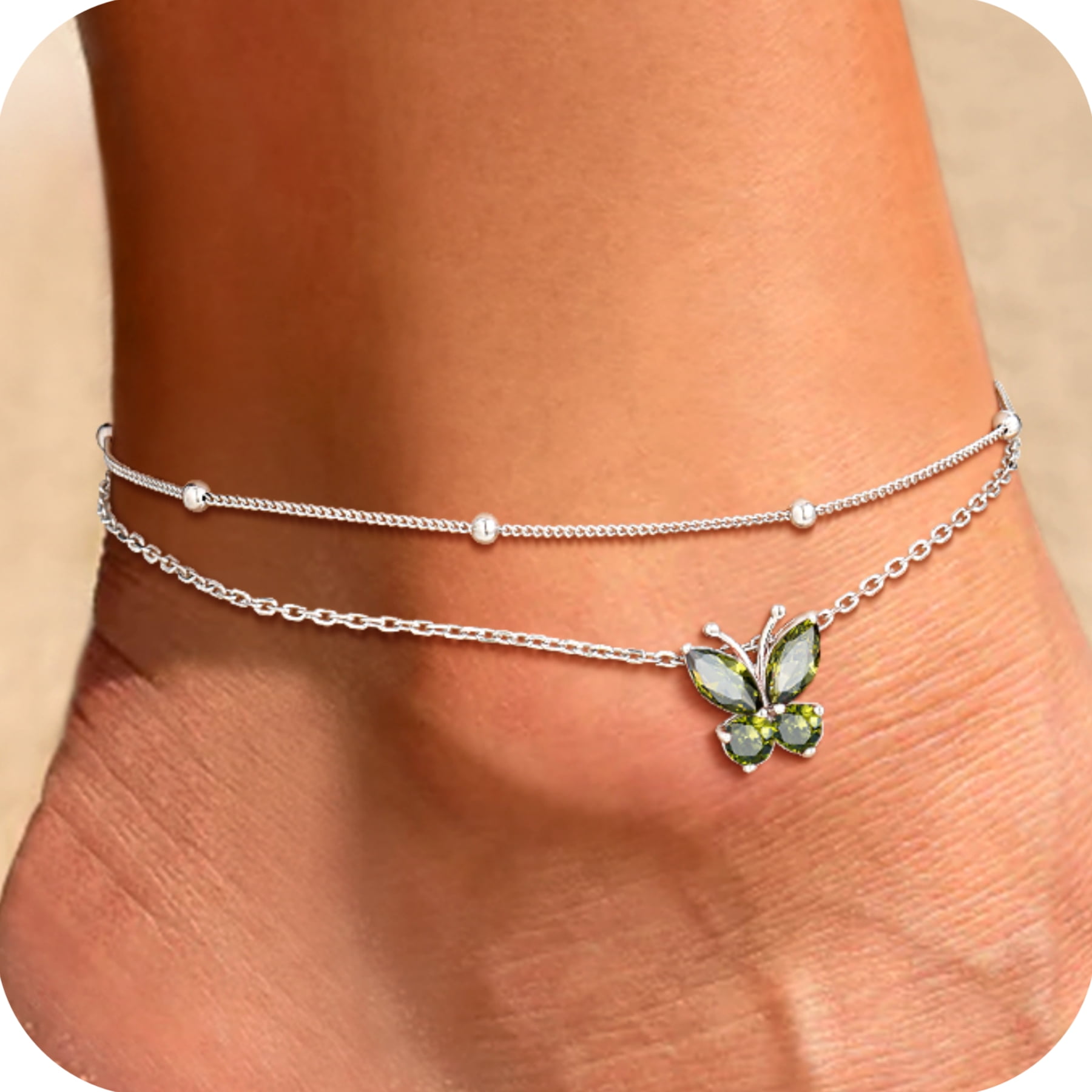U7 Sterling Silver Butterfly Anklets for Women Girls Summer Beach Anklet S925 Foot Bracelet with Birthstone Birthday Mothers Day Jewelry Gift