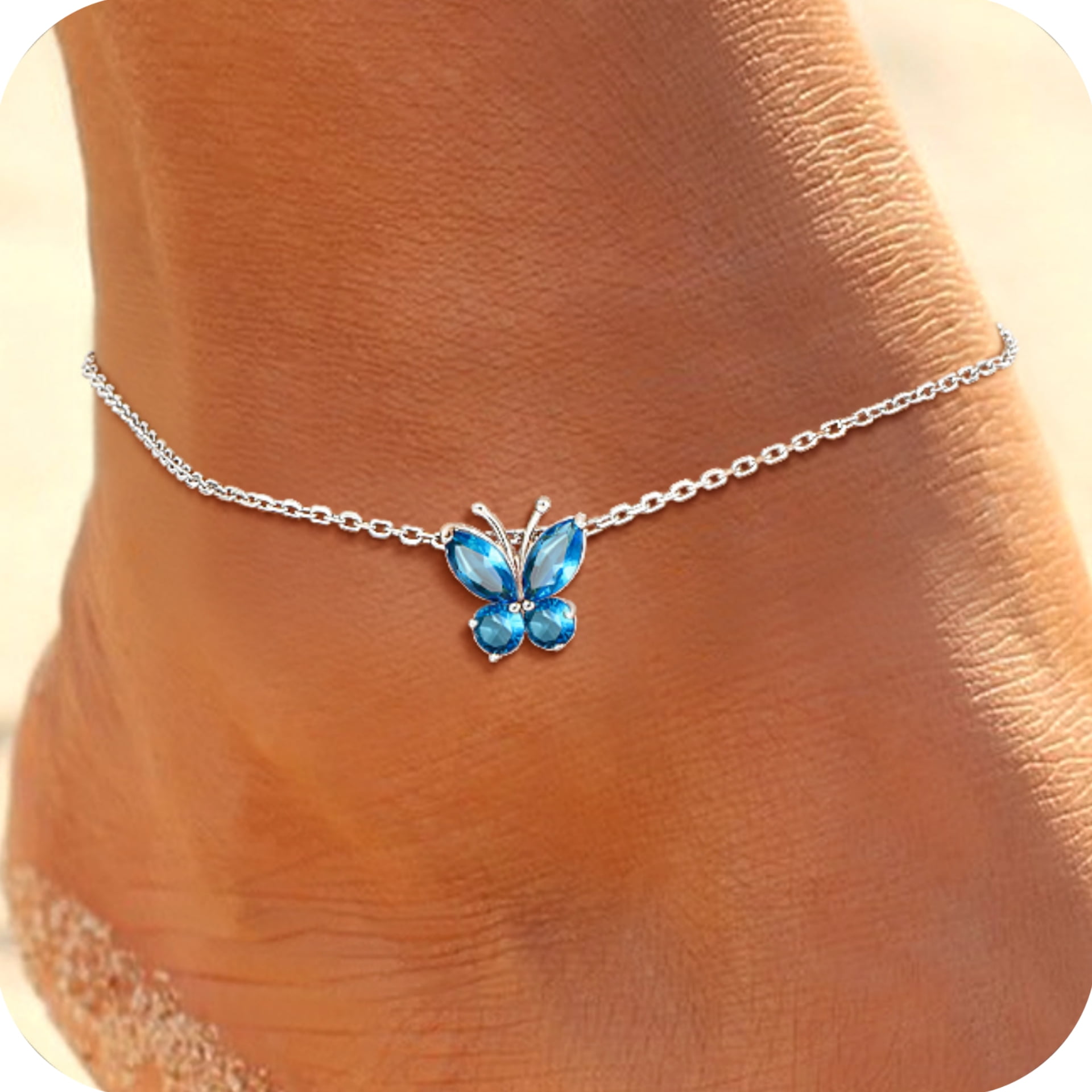 U7 Sterling Silver Butterfly Anklets for Women Girls Summer Beach Anklet S925 Foot Bracelet with Birthstone Birthday Mothers Day Jewelry Gift