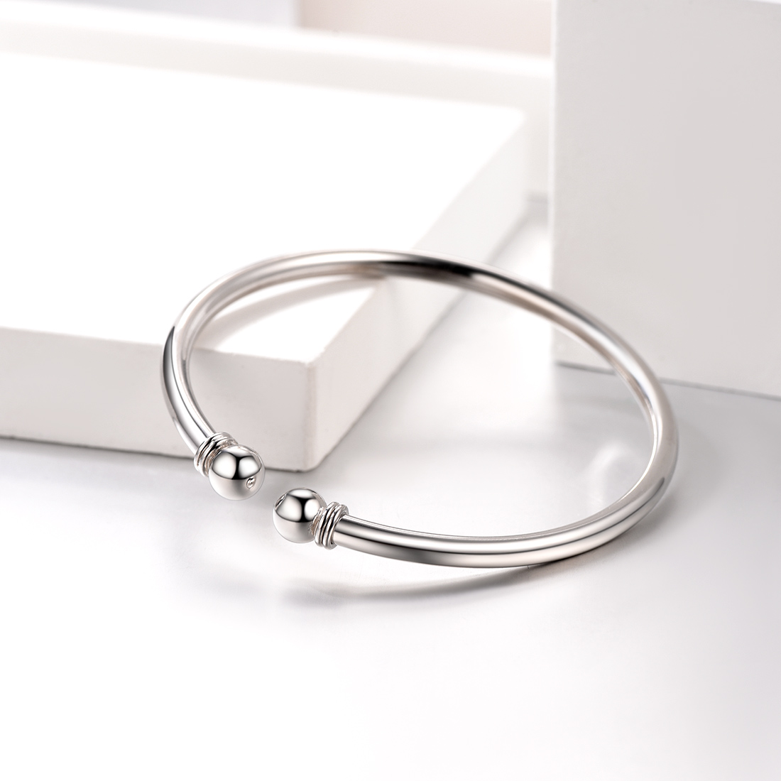 U7 Womens Bracelets 925 Sterling Silver Open Bangle Bracelet 7mm Round Ball Trendy Cuff Bangle Gift for Teens Girl