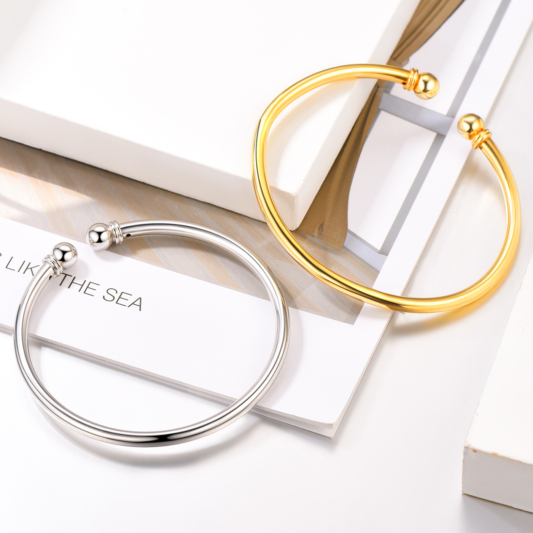 U7 Womens Bracelets 925 Sterling Silver Open Bangle Bracelet 7mm Round Ball Trendy Cuff Bangle Gift for Teens Girl