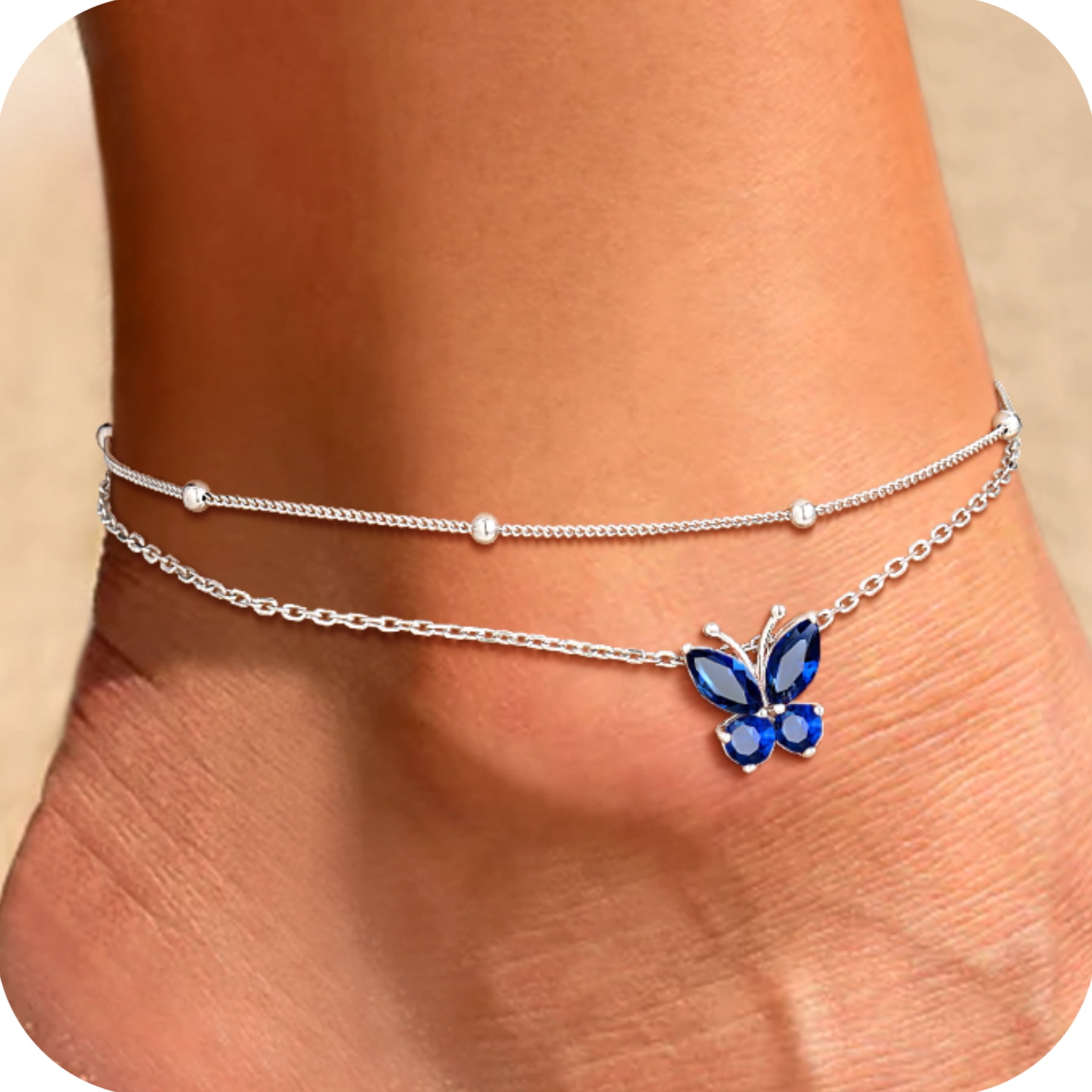 U7 Sterling Silver Butterfly Anklets for Women Girls Summer Beach Anklet S925 Foot Bracelet with Birthstone Birthday Mothers Day Jewelry Gift