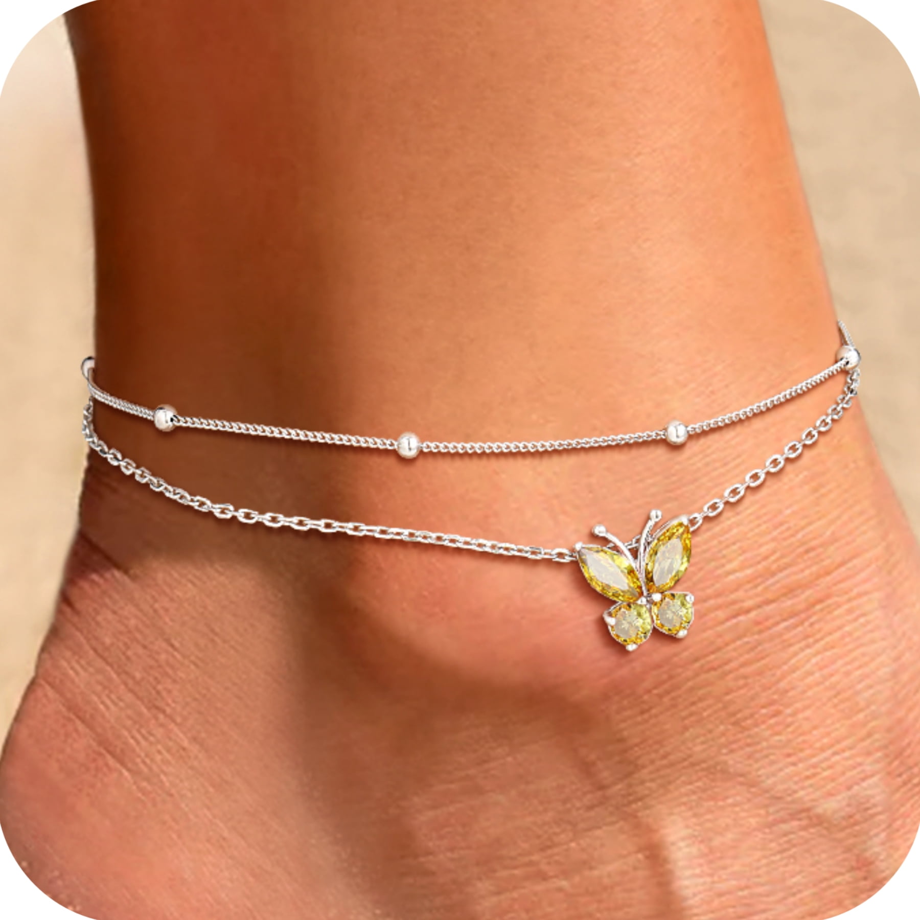 U7 Sterling Silver Butterfly Anklets for Women Girls Summer Beach Anklet S925 Foot Bracelet with Birthstone Birthday Mothers Day Jewelry Gift