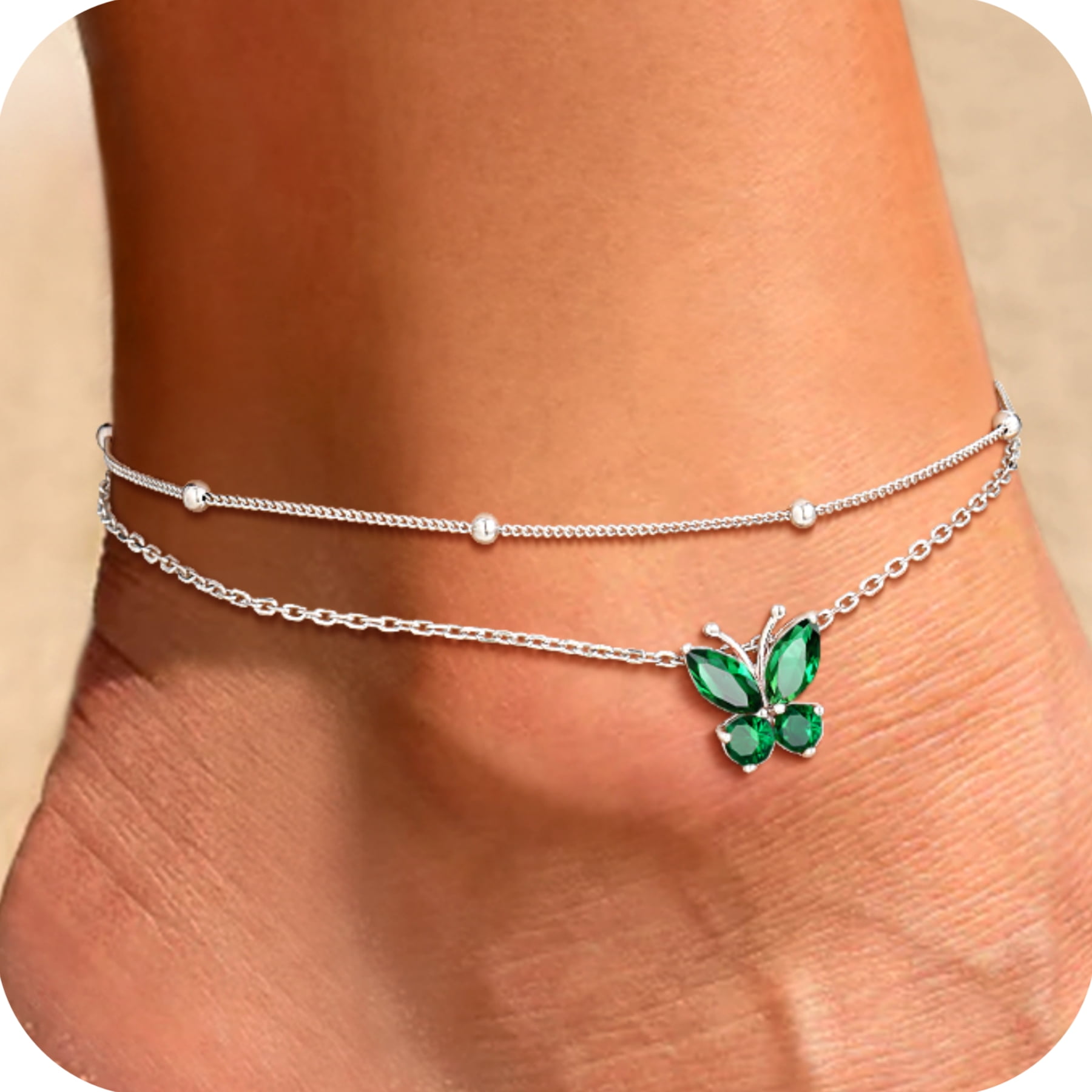 U7 Sterling Silver Butterfly Anklets for Women Girls Summer Beach Anklet S925 Foot Bracelet with Birthstone Birthday Mothers Day Jewelry Gift