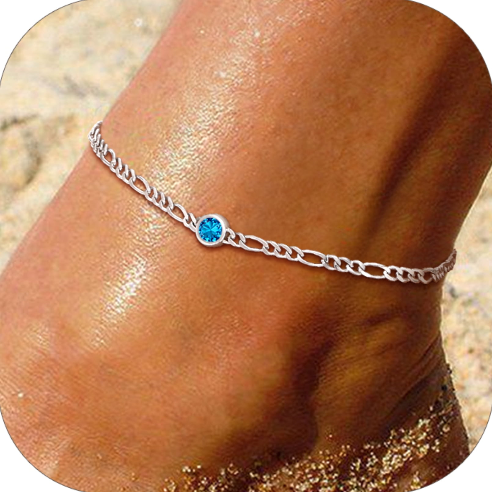 U7 Heart Anklet Bracelet for Women January Red Garnet Sterling Silver Figaro Anklet Charming Summer Jewelry Gift Beach Foot Chain for Teen Girls