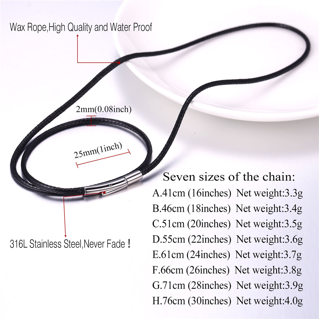 U7 Black Braided Leather Cord 2mm Necklace with Stainless Steel Clasp for Men Women 16"-30" Wax Rope Chain Pendant