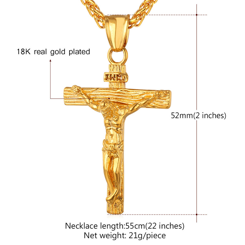 U7 Crucifix Jesus Cross Pendant Necklace Stainless Steel Religious Jewelry for Men Boyfriend Christmas Gift, 22"+2"
