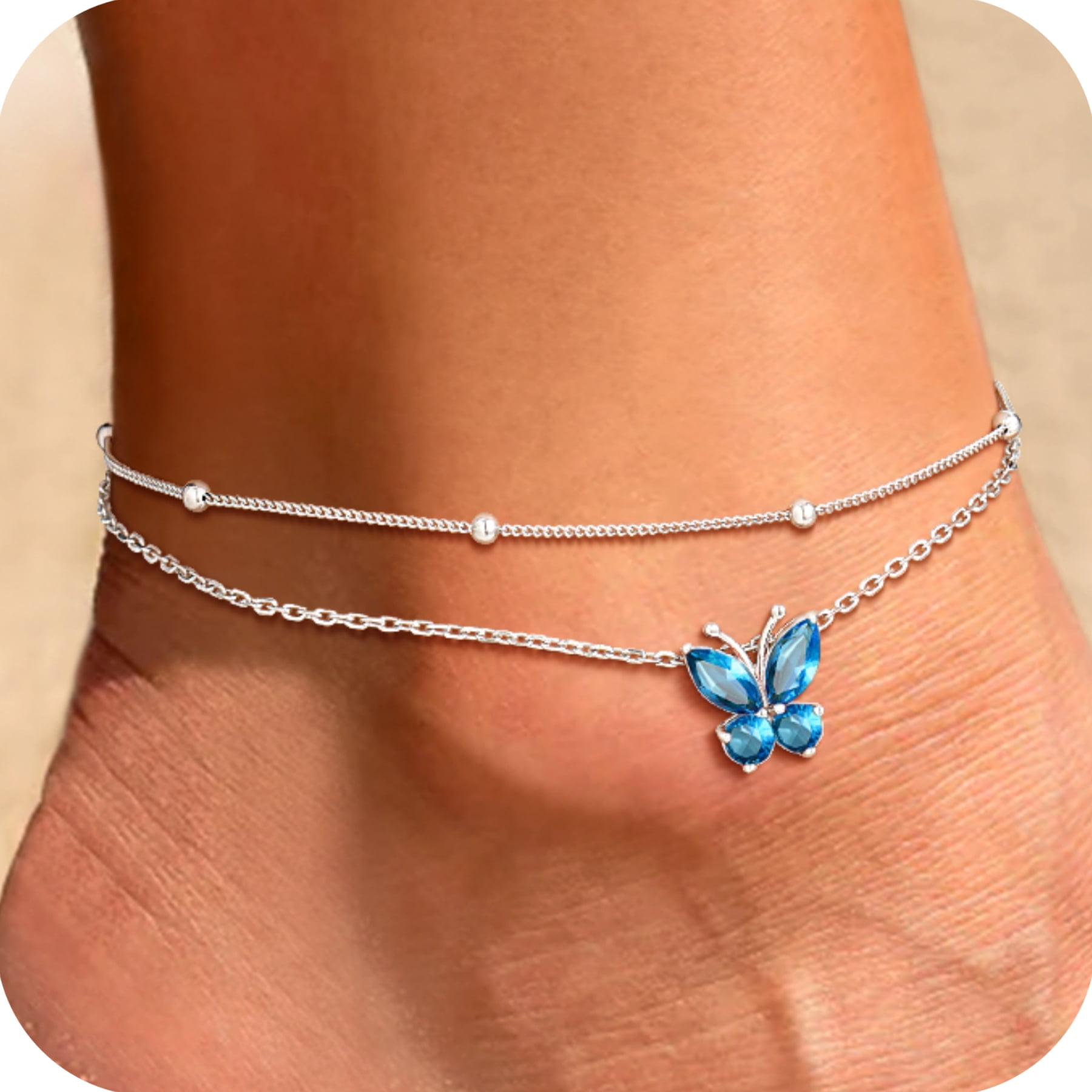 U7 Sterling Silver Butterfly Anklets for Women Girls Summer Beach Anklet S925 Foot Bracelet with Birthstone Birthday Mothers Day Jewelry Gift